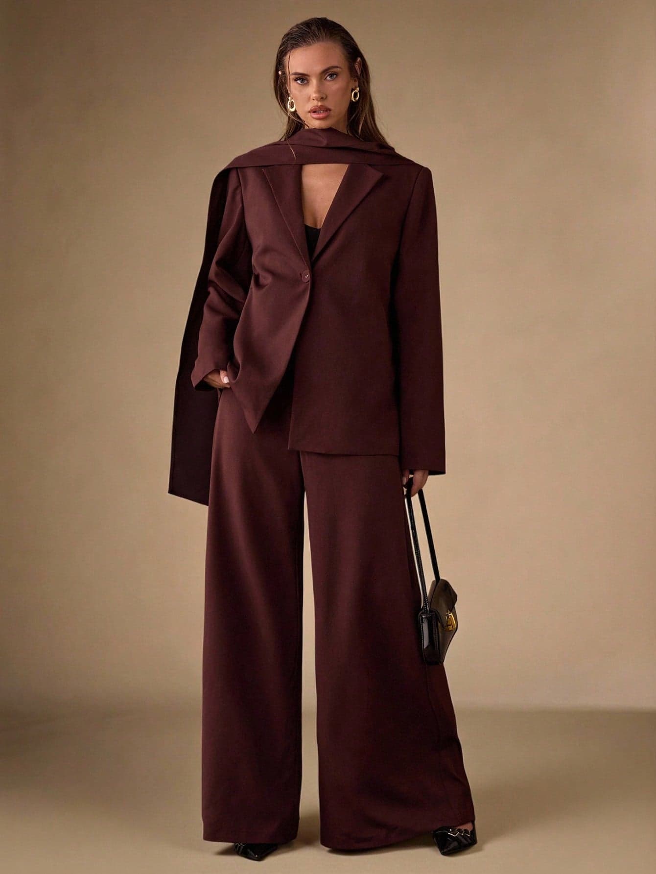 SHEIN BAE Women's Brown Burgundy Wide-Leg Trousers Elegant Office Summer Casual Fall/Winter Comfortable Dress Pants For Commuting And Christmas Outings
