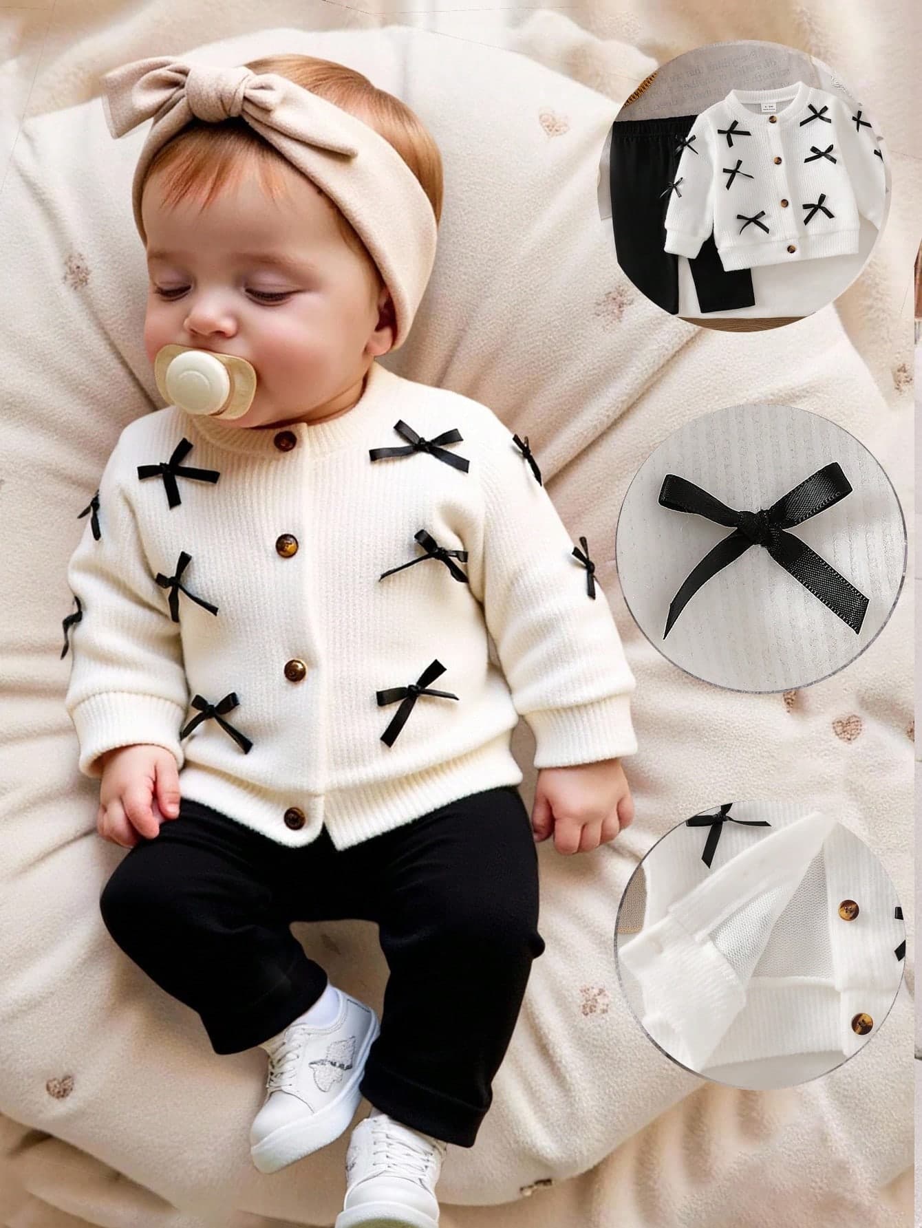 SHEIN Newborn Casual Autumn/Winter Fashion Knitted Bow Jacket And Solid Color Pants Set