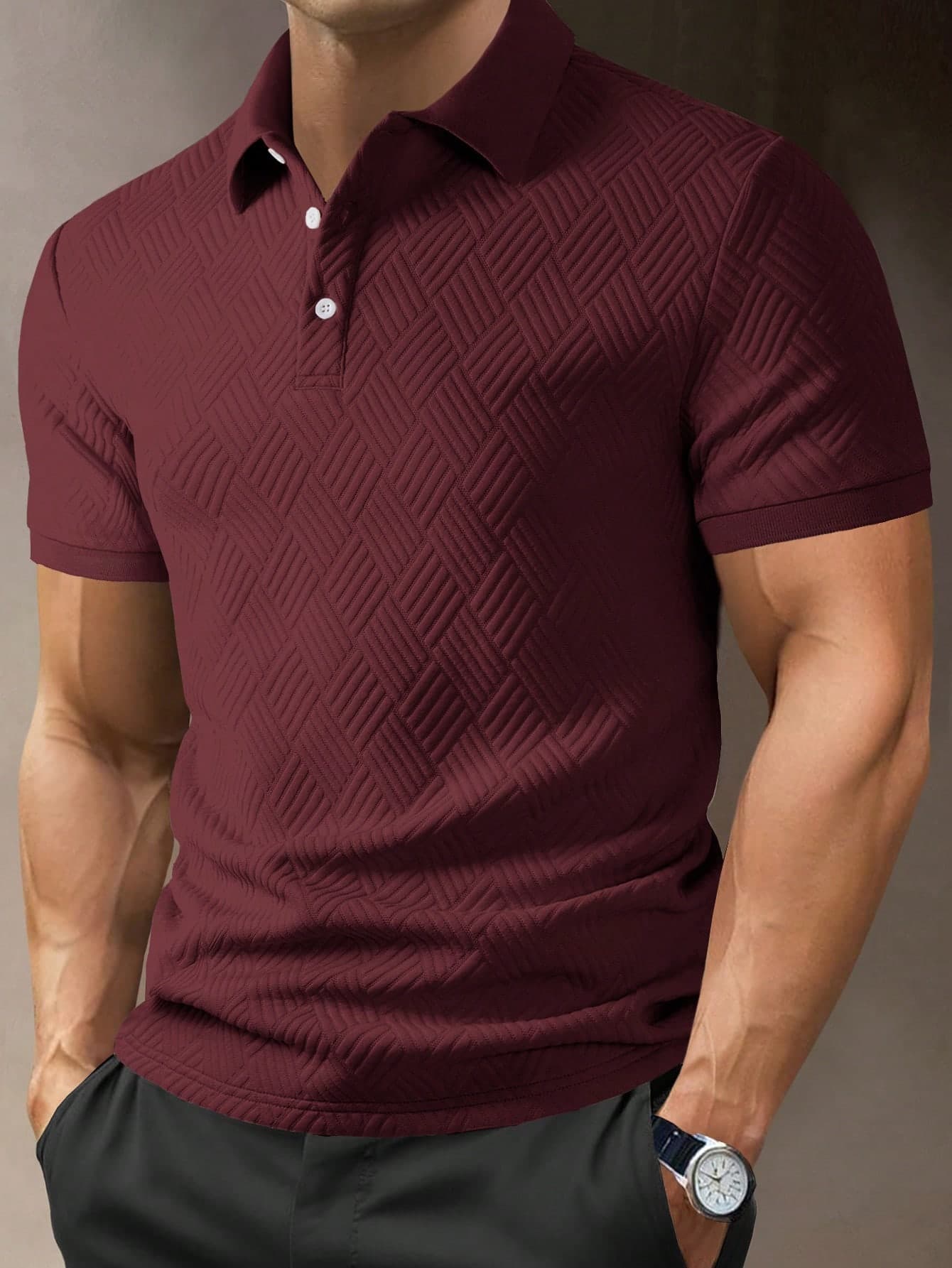 Manfinity Homme Men's Casual Solid Color Short Sleeve Textured Polo Shirt, Formal