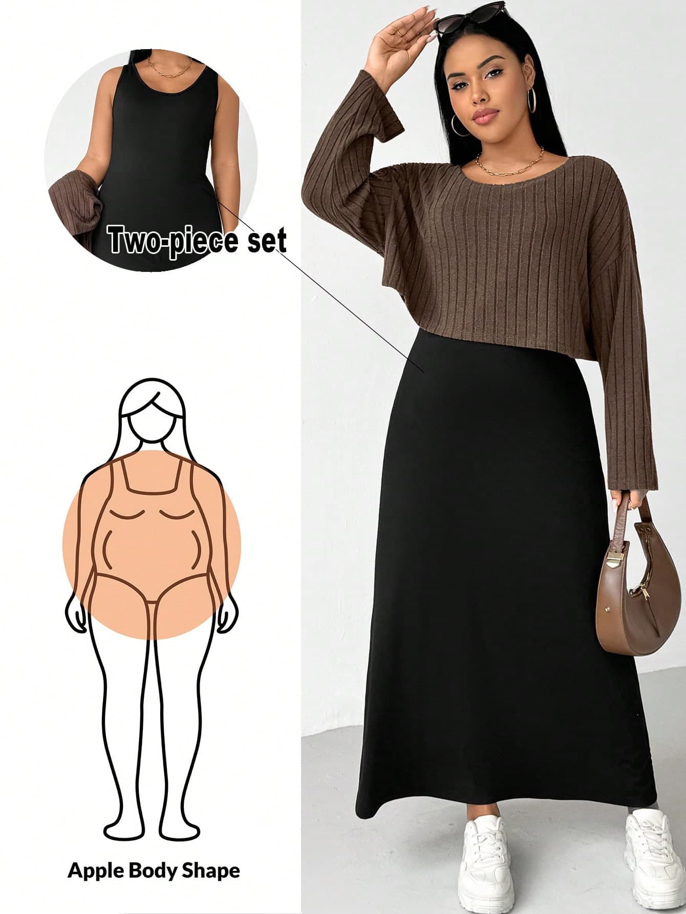 SHEIN Essnce Plus-Size Women's Brown Long-Sleeved Top And Black Vest Long Dress 2pcs Set,Autumn Everyday Smart Casual Loose Apple-Shaped Body Outfits,Cozy Clothes