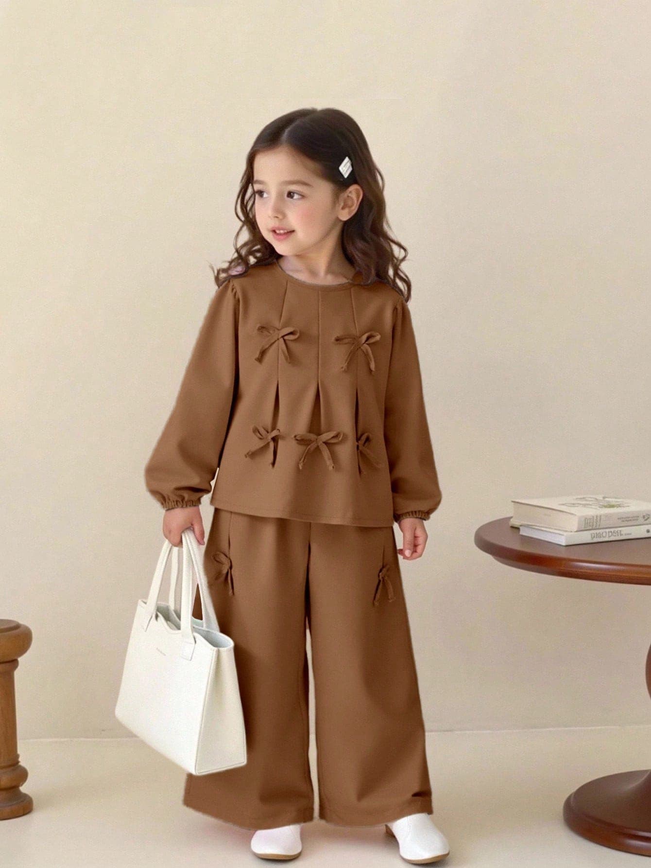 SHEIN Playful Pals 2pcs/Set Young Girl Fashionable Sweet Bow Decor Top + Wide Leg Pants Outfit, Spring/Autumn 7th Birthday