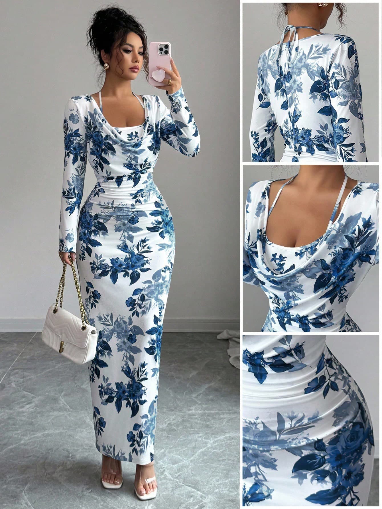 Elenzga New Style White And Blue Floral Floral Print Elegant Draped Neck Ruffle Tie Waist Slim Fit Bodycon Mini Dress, Autumn/Winter Tea Party