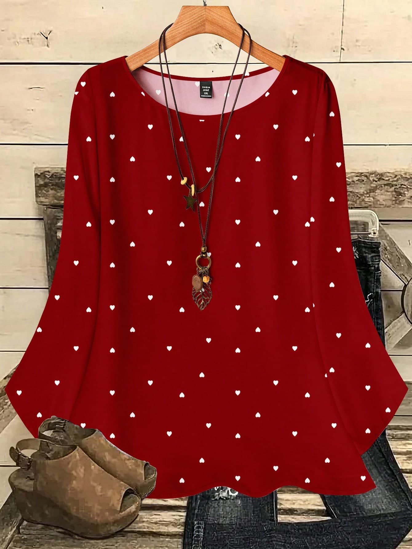 EMERY ROSE Plus Size Women Casual All-Over Print Round Neck Loose 3/4 Sleeve Shirt, ,Flower/Spring/Summer/Vacation Fall