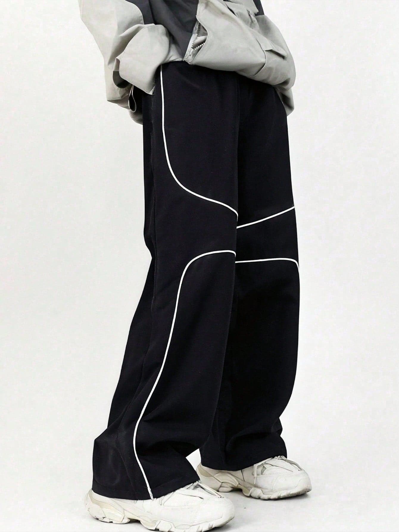 SHEIN Mirajuku 1-Piece Teen Boys' Streetwear Urban Style Contrast White Stitching Loose Fit Wide Leg Cargo Pants With Pockets Back-To-School Summer Casual Trousers