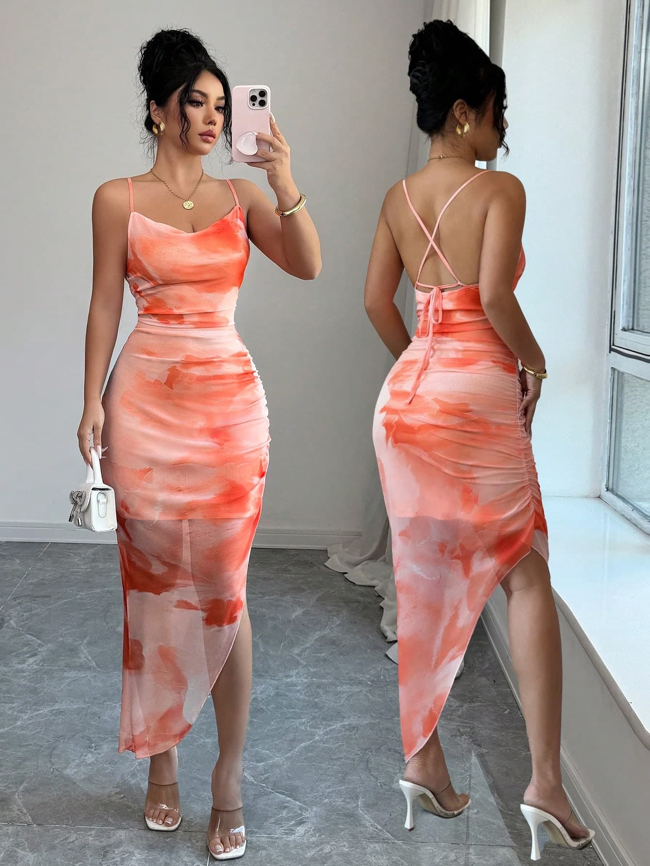 Elenzga Elenzya,Women's Summer Elegant Beach Dress, Netting Tie-Dye Bodycon Backless Asymmetrical Hem Dress