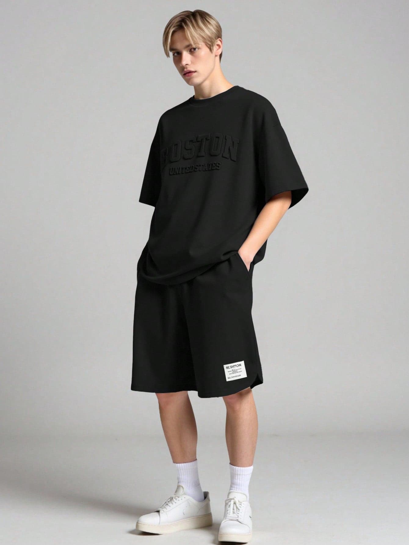 Vacaura Teenage Boys 2pcs Black Summer Streetwear Outfit Set,Back-To-School Fashionable Embossed English Graphic Pullover T-Shirt&Curved Hem Shorts
