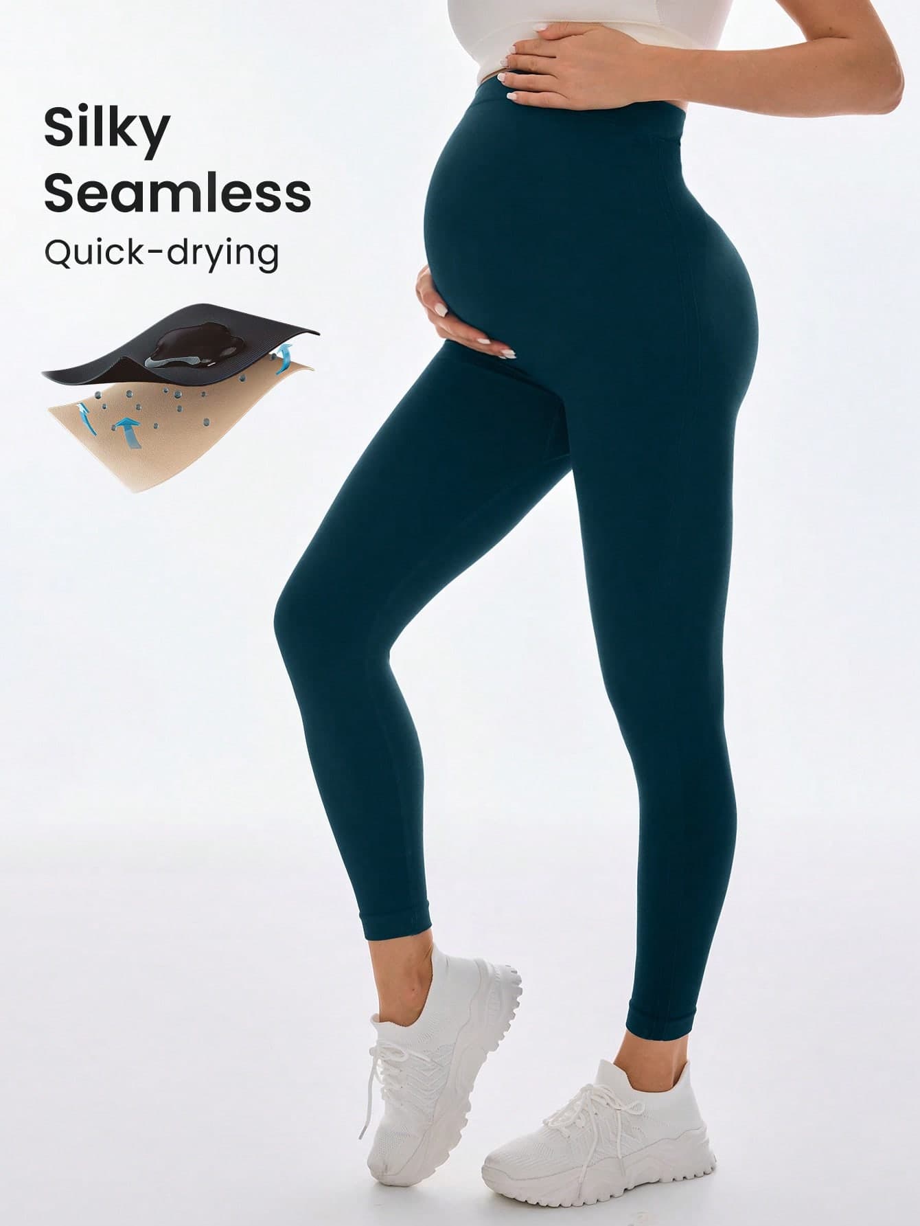 SHEIN Maternity Teal Solid Elastic Waist Quick Dry Sports Leggings,Summer Casual Graphic Seamless Silky Activewear For Photoshoot,Quick-Drying Leggings