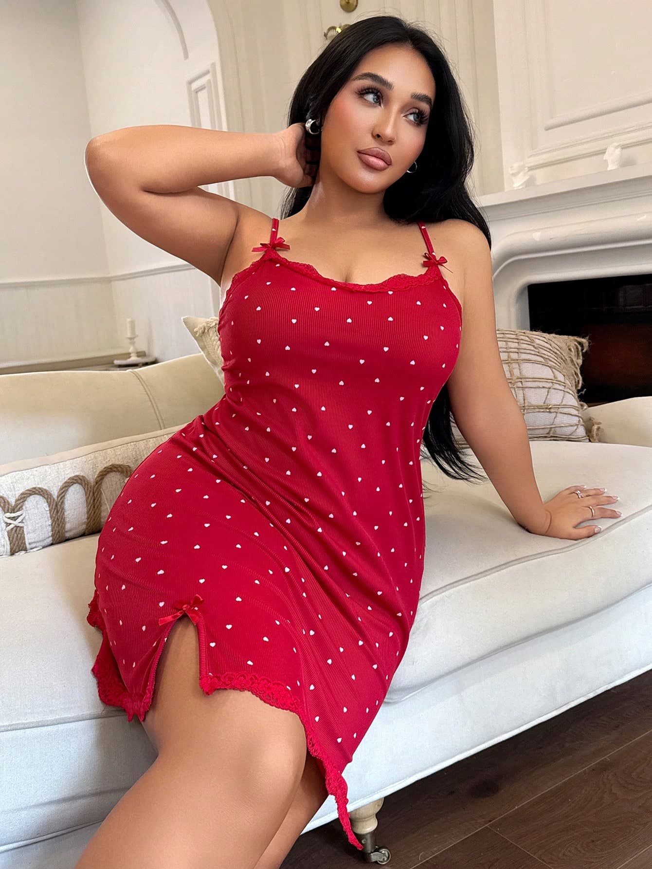 ZzzCrew Heart-Print Red Dress Plus Size Women Knitted Ribbed Red Heart Print Contrast Lace Bow Cute Sleepwear , Suitable And Celebrations Red Night Dress