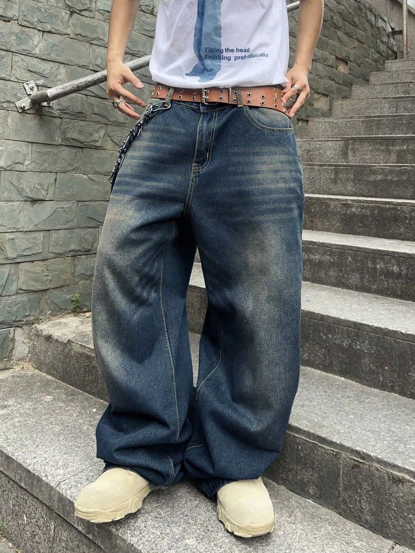 SHEIN Teen Boy Fashion Casual Y2k Vintage Cool Street Returns To School College Stylish Washable Blue Loose Jeans Soft Dailywear And Summer And Fall Rave Festival And Beach Streetwear School
