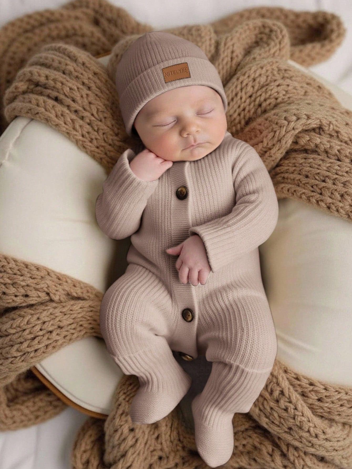 SHEIN Newborn Baby Girl Cute Knitted Jumpsuit, Footie, And Hat Set, Versatile For Autumn/Winter