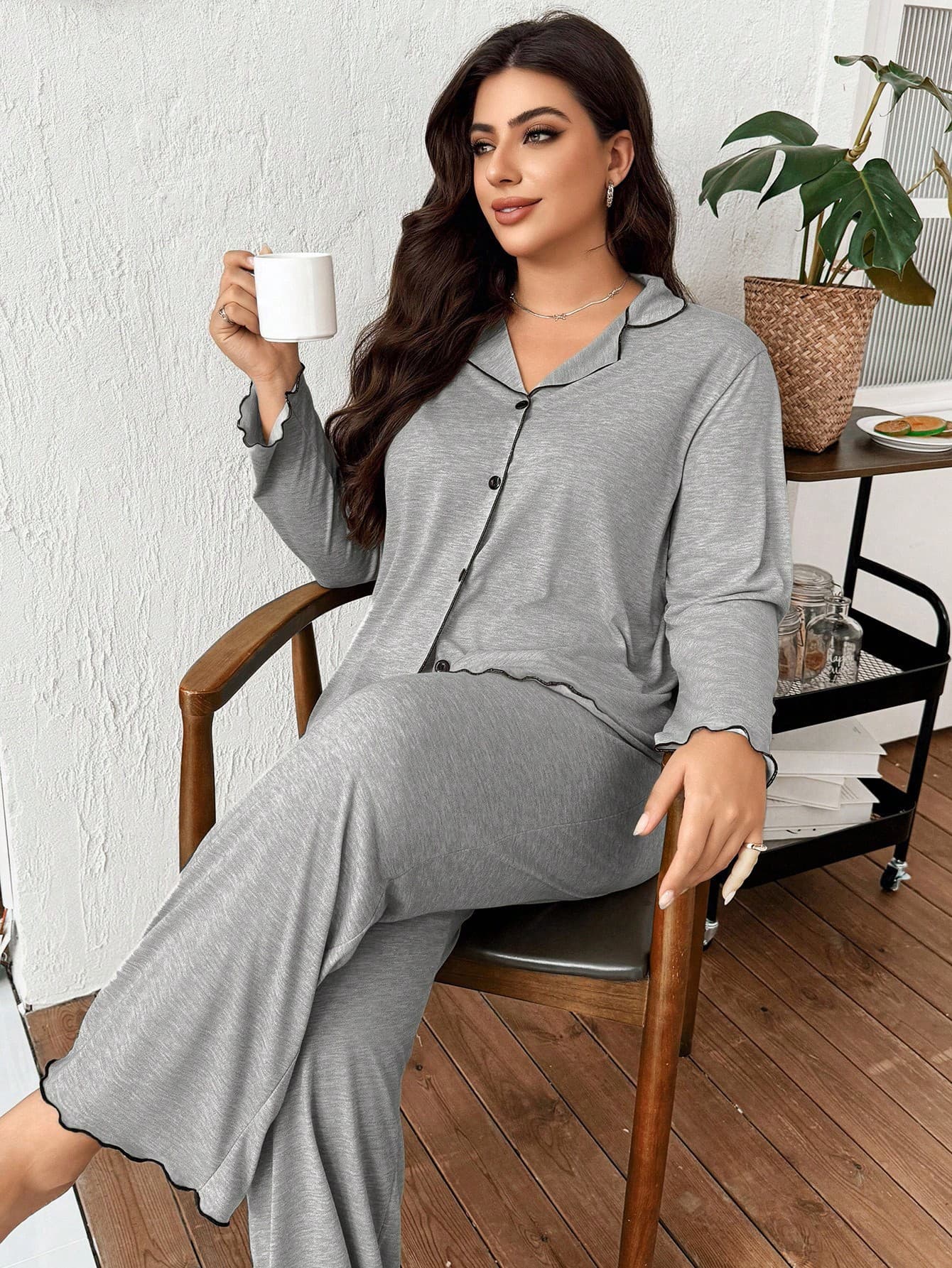 Doze Lane Plus Size Women's Frill Trim Super Soft Draping Floral Watermelon Pink Knit Fabric Classic Loose Turndown Collar Open Front, Casual Loungewear