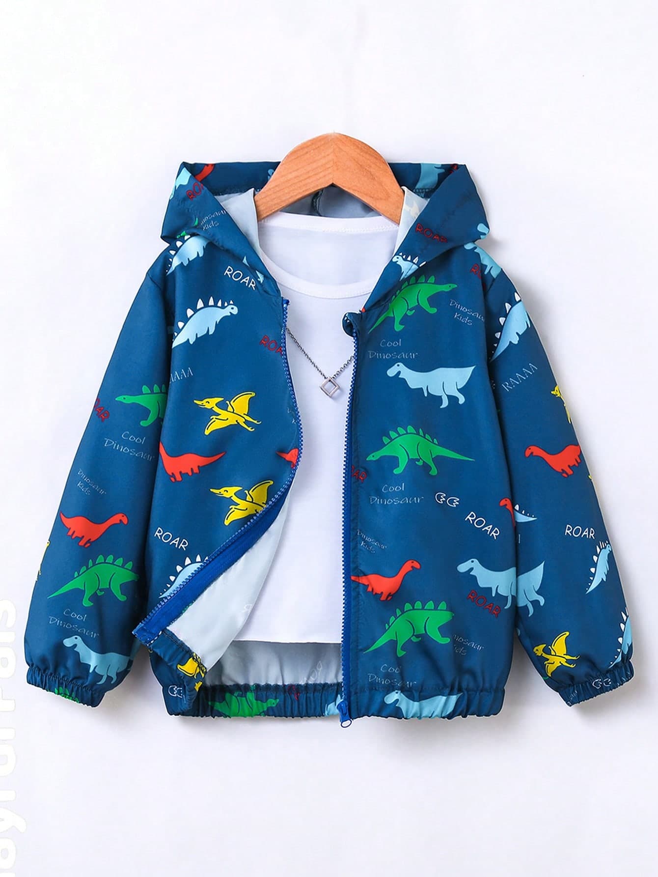 SHEIN Fantacosmos Young Boy Dinosaur & Letter Print Long Sleeve Zipper Closure Hooded Casual Jacket Chic For Autumn/Winter