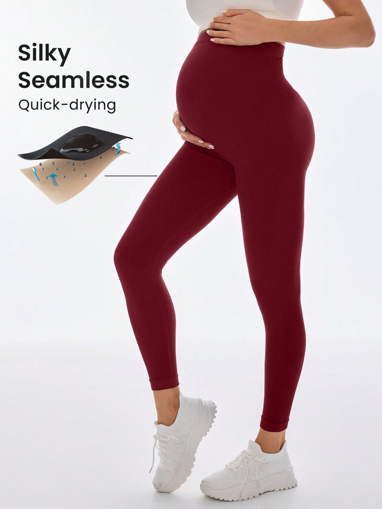 SHEIN Maternity Burgundy High Waist Leggings,Summer Casual Gym Pregnancy Clothes,Fitted Breathable Quick-Dry 3/4 Pants,Seamless Curve Silky Pants