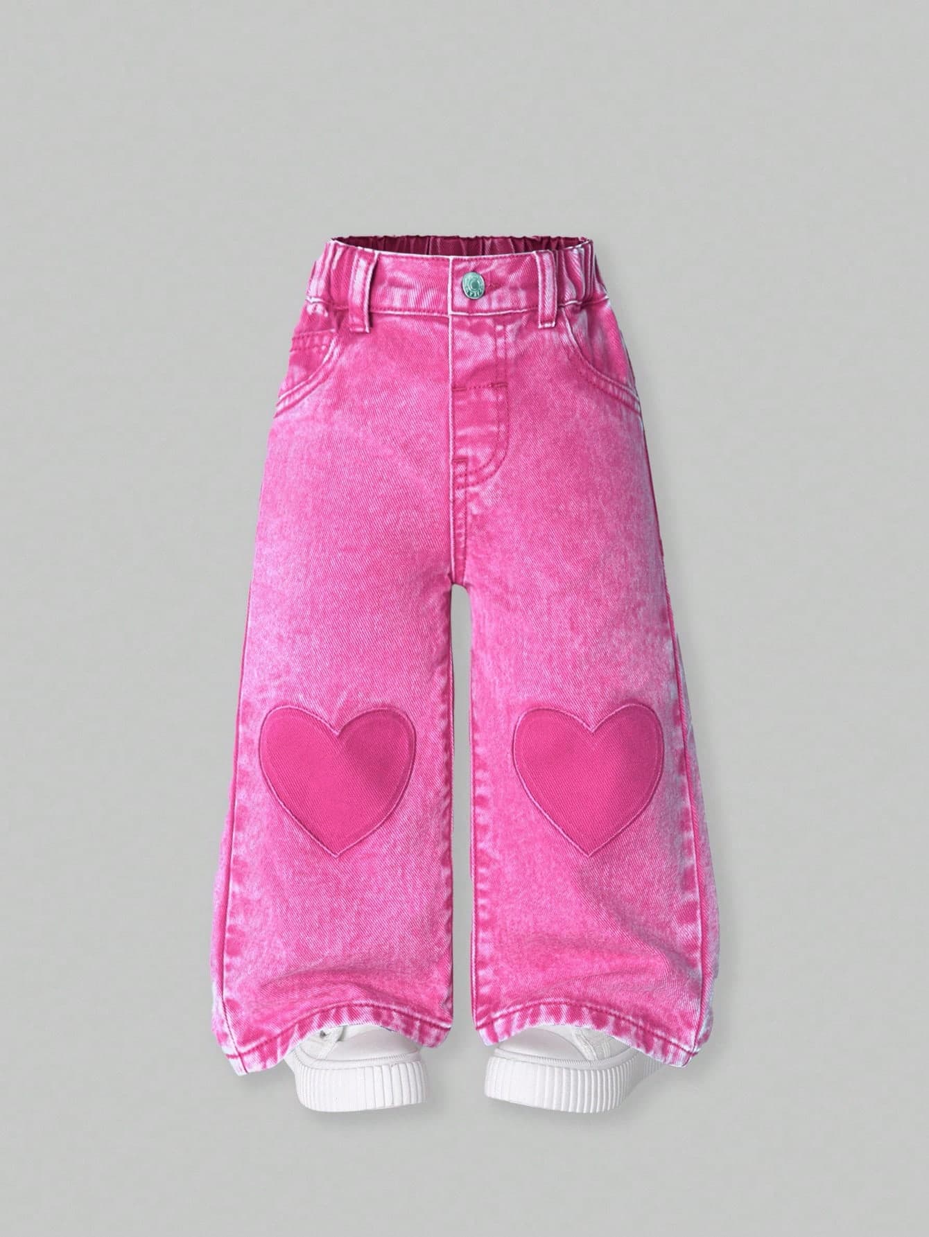 SHEIN ChillGRL Young Girl Baggy Pants Baby Pink Heart Embroidery Straight Loose Fit Washed Denim Jeans With Pockets,Casual Versatile Back To School Clothes For Girls