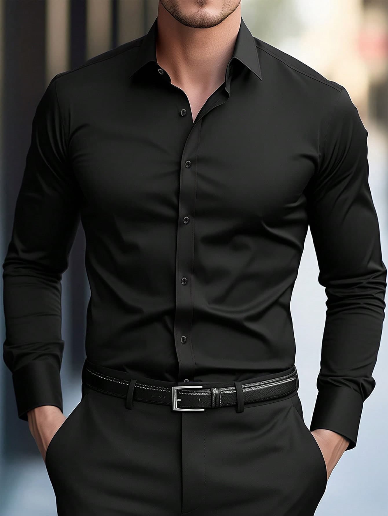 Manfinity Mode Men's Black Winter Basic Business Casual Office Stand-Up Collar Solid Color Button Long Sleeve Shirt,Formal Fall Old Money Style For Commuting