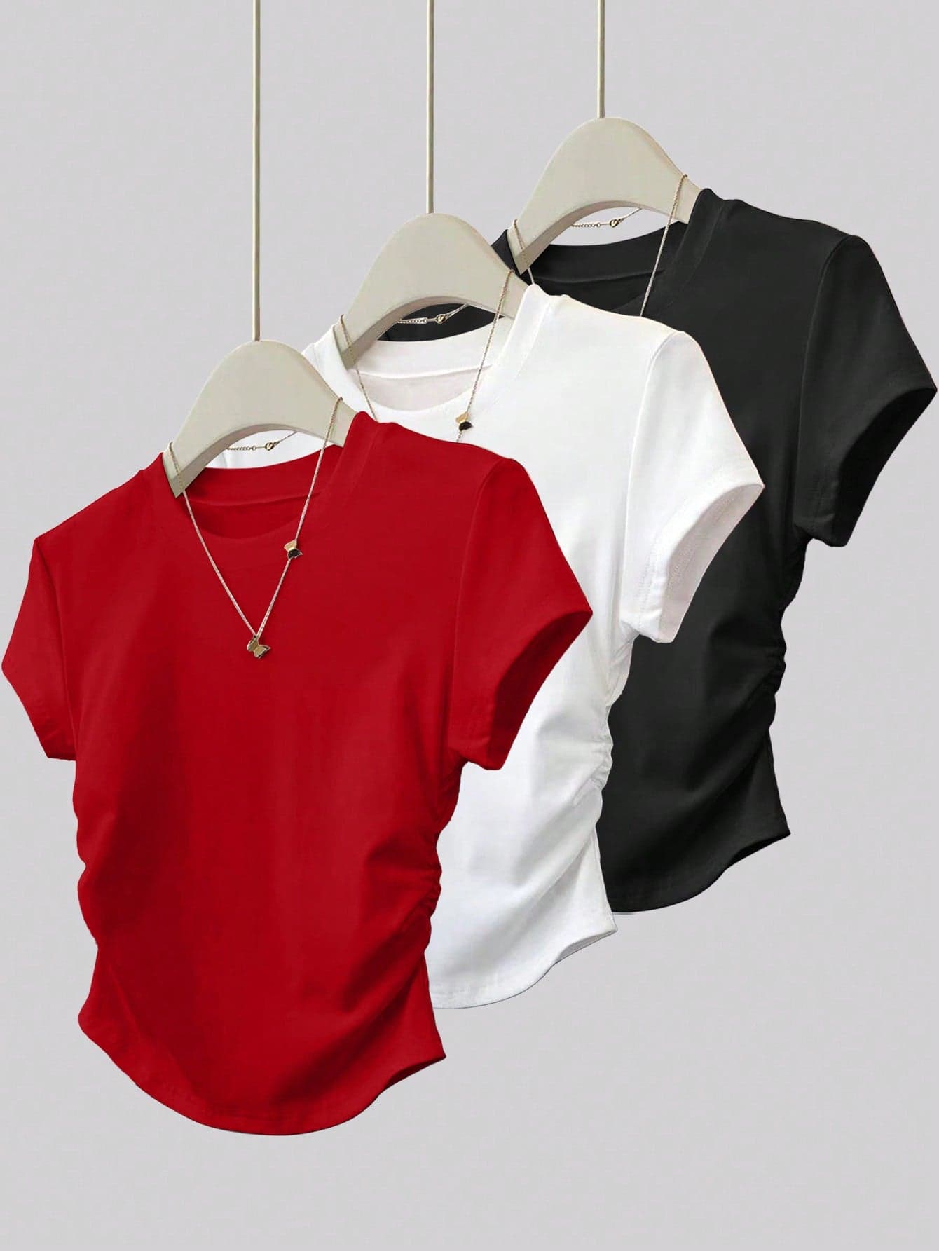 Resyla 3pcs Women's Summer Casual Everyday Outdoor Tops Set,Red And White,Black,Fitted Ruched T-Shirt,Fashionable Chic Style,Back To School Short Sleeve Tee