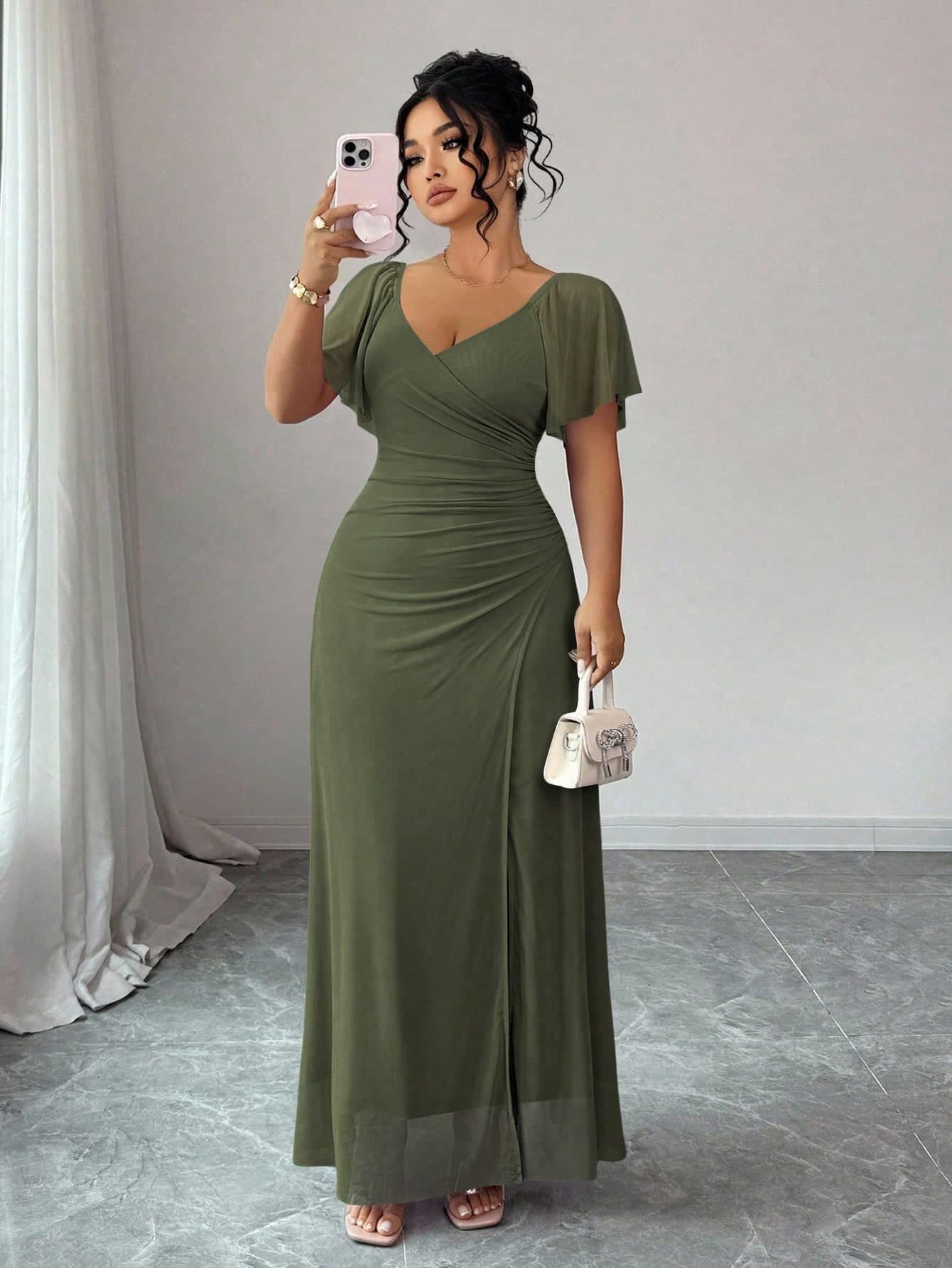 Elenzga Women's Lavender V-Neck Ruffle Sleeve Waist Pleated Slit Dress, Elegant Bridesmaid Dress For Wedding, Party, Formal Occasion