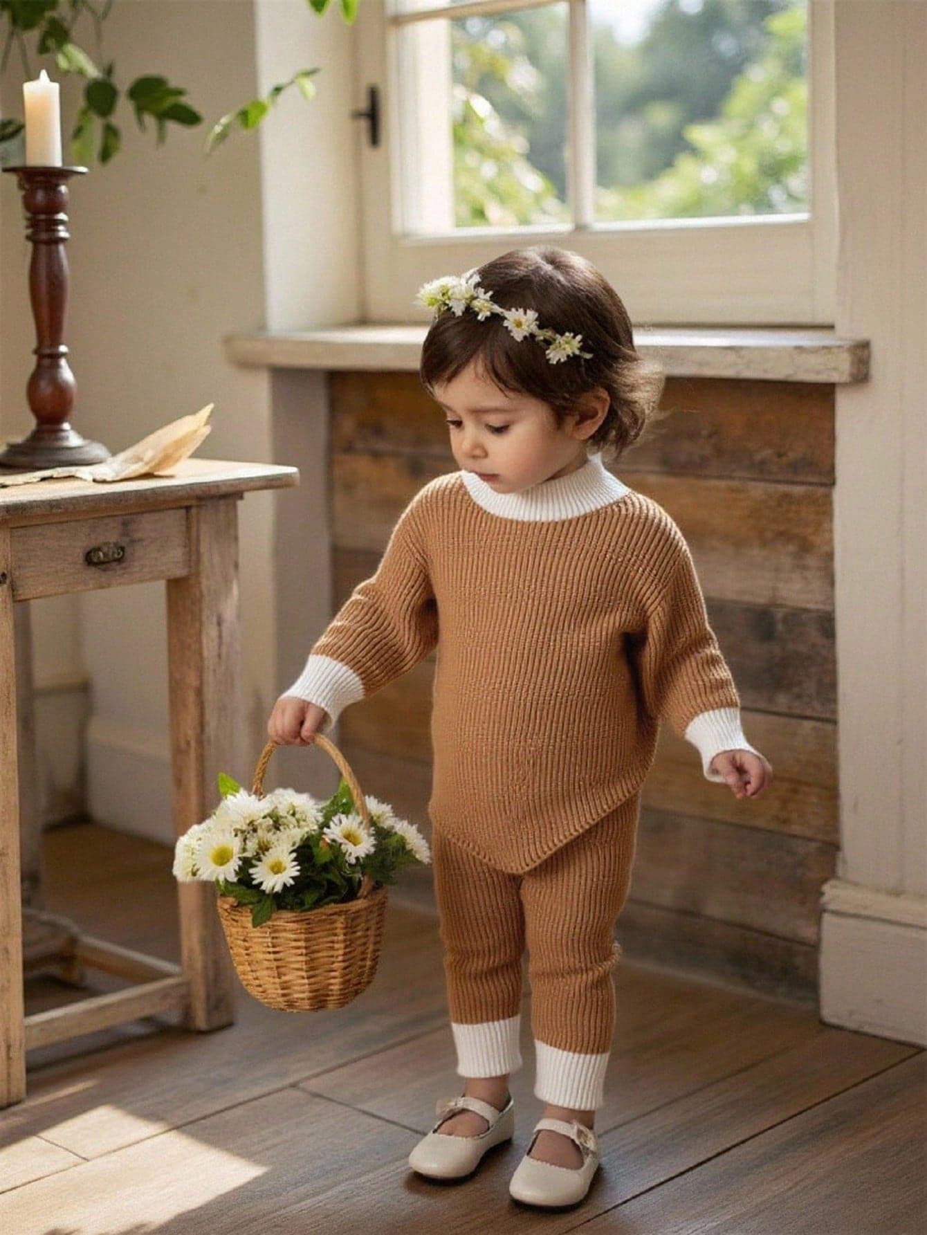 Cute Baby Girls Sweater Co-Ords,White And Brown Knitted Tops And Pants 2 Pieces Set,Autumn Winter Fashionable Family Matching Toddler Outfit Girl