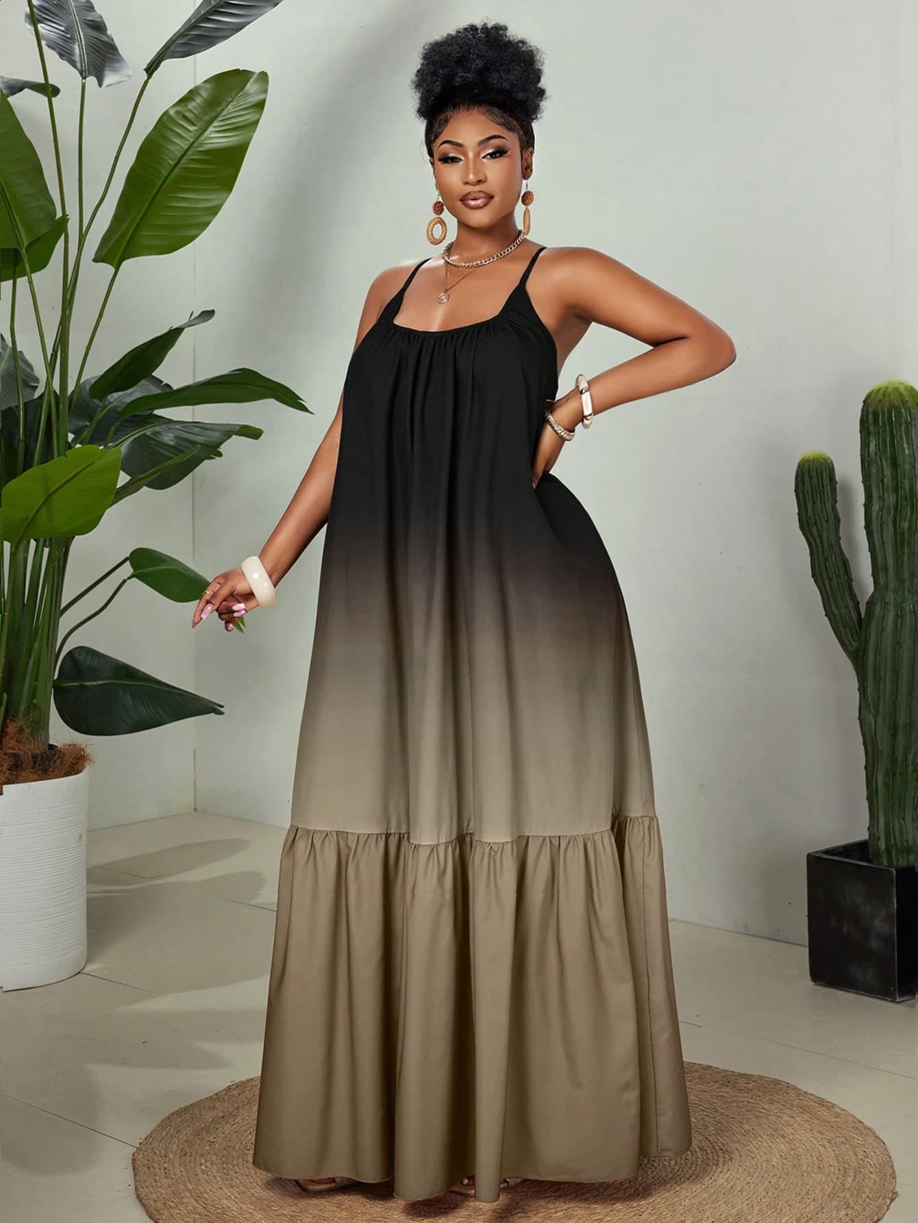 Eryvara Women's Summer Boho Black Tie-Dye Maxi Long Dress,Casual Round Neck Spaghetti Strap A-Line Ruffle Hem Patchwork Vacation Holiday Beach Travel Dress