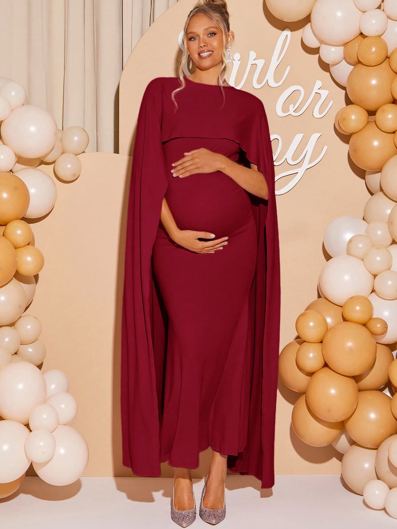 Loomaby Maternity Solid Color Round Neck Cape Sleeve Fitted Elegant Dress Babyshower Pregnant Clothes Pregnancy For Photoshoot