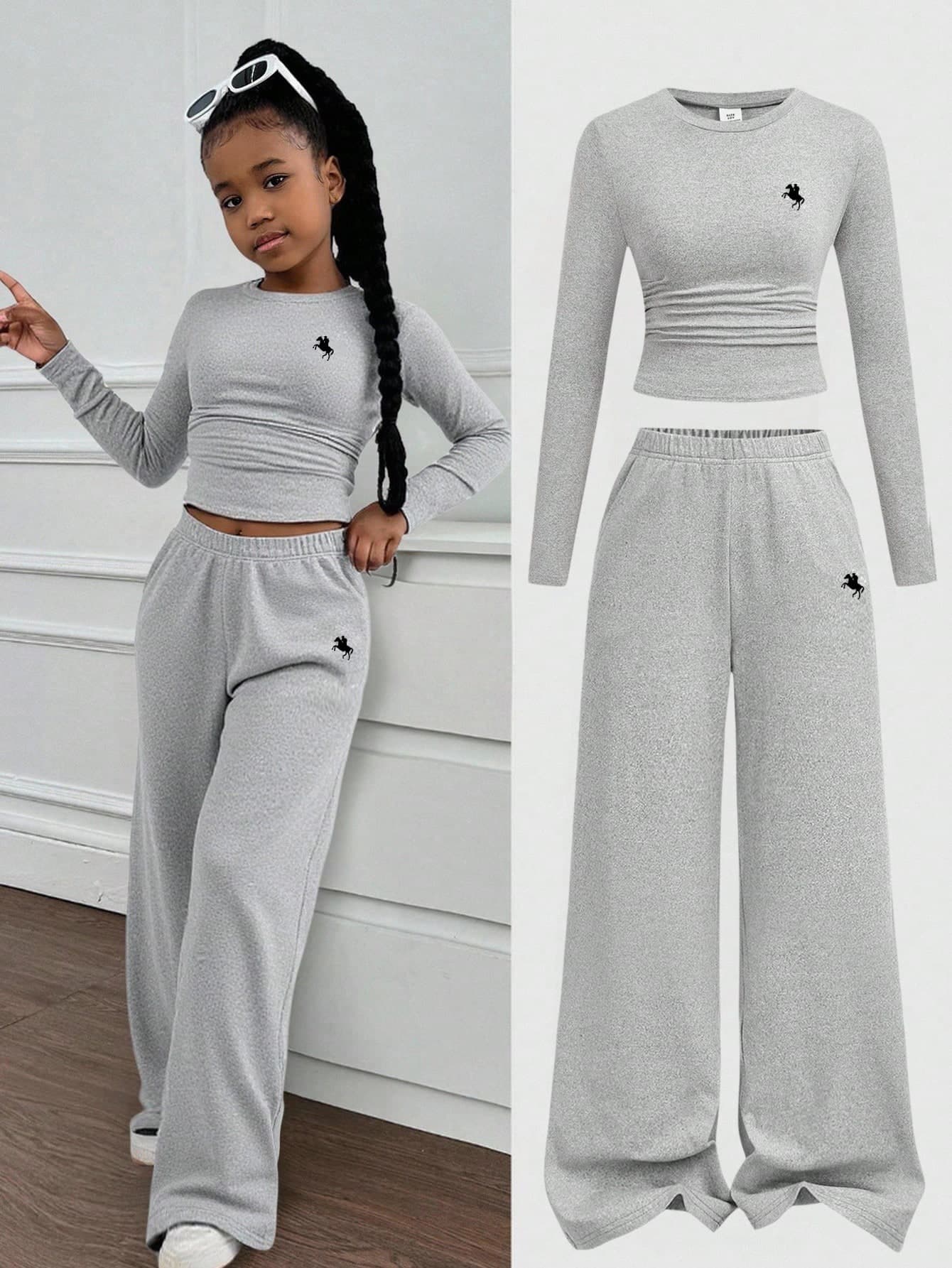 SHEIN Tween Girls Versatile Butterfly Pattern Long Sleeve Top And Pants 2 Pieces Set,Grey,Autumn,Casual,School Vacation Suitable For All Seasons