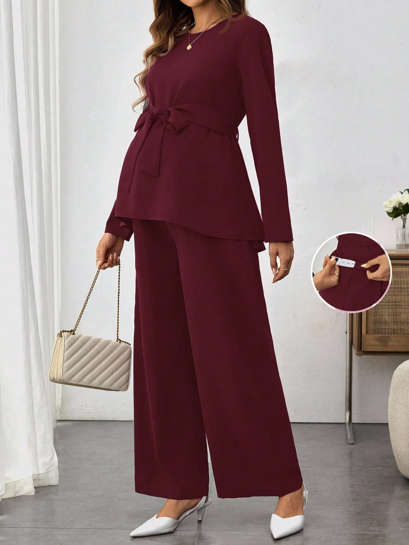 SHEIN 2pcs Maternity Set: Solid Color Round Neck Long Sleeve Shirt With Belt Design And Adjustable Waist Wide Leg Pants, Casual