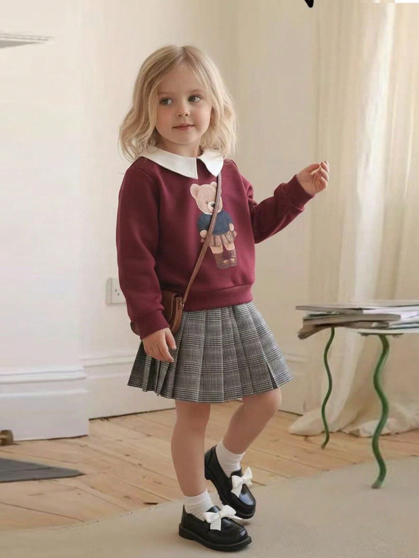 Playful Pals Toddler Girls 2 In 1 Shirt Collar Cute Print Sweatshirt With Vintage Plaid Pleated Hem Skirt Set, Back-To-School, Career Day, Winter Autumn Outfits