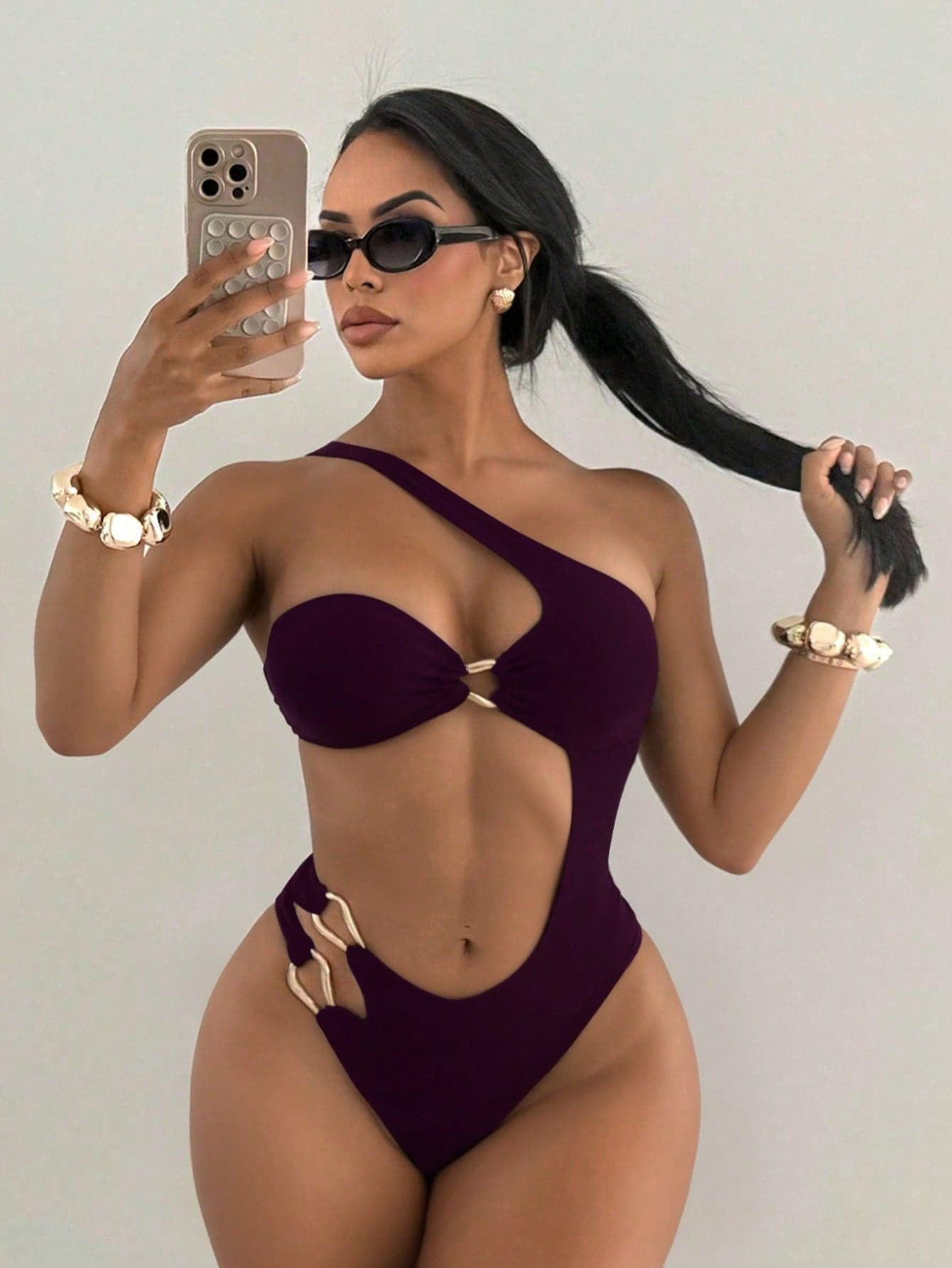 Swim SXY Women's Standard Size Solid Color Halter Hollow Out Gold Decor Beach Vacation One-Piece Swimsuit, Summer