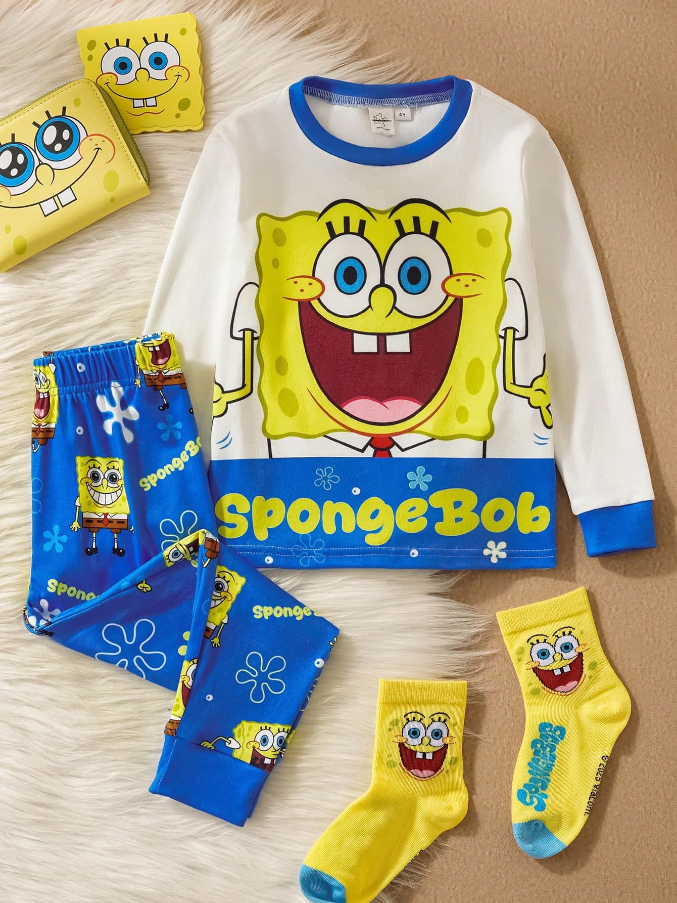 SpongeBob SquarePants | SHEIN 2pcs/Set Young Boy Cartoon Pattern Contrast Trim Knit Crew Neck Long Sleeve Top And Pants Tight Fit Pajama Set