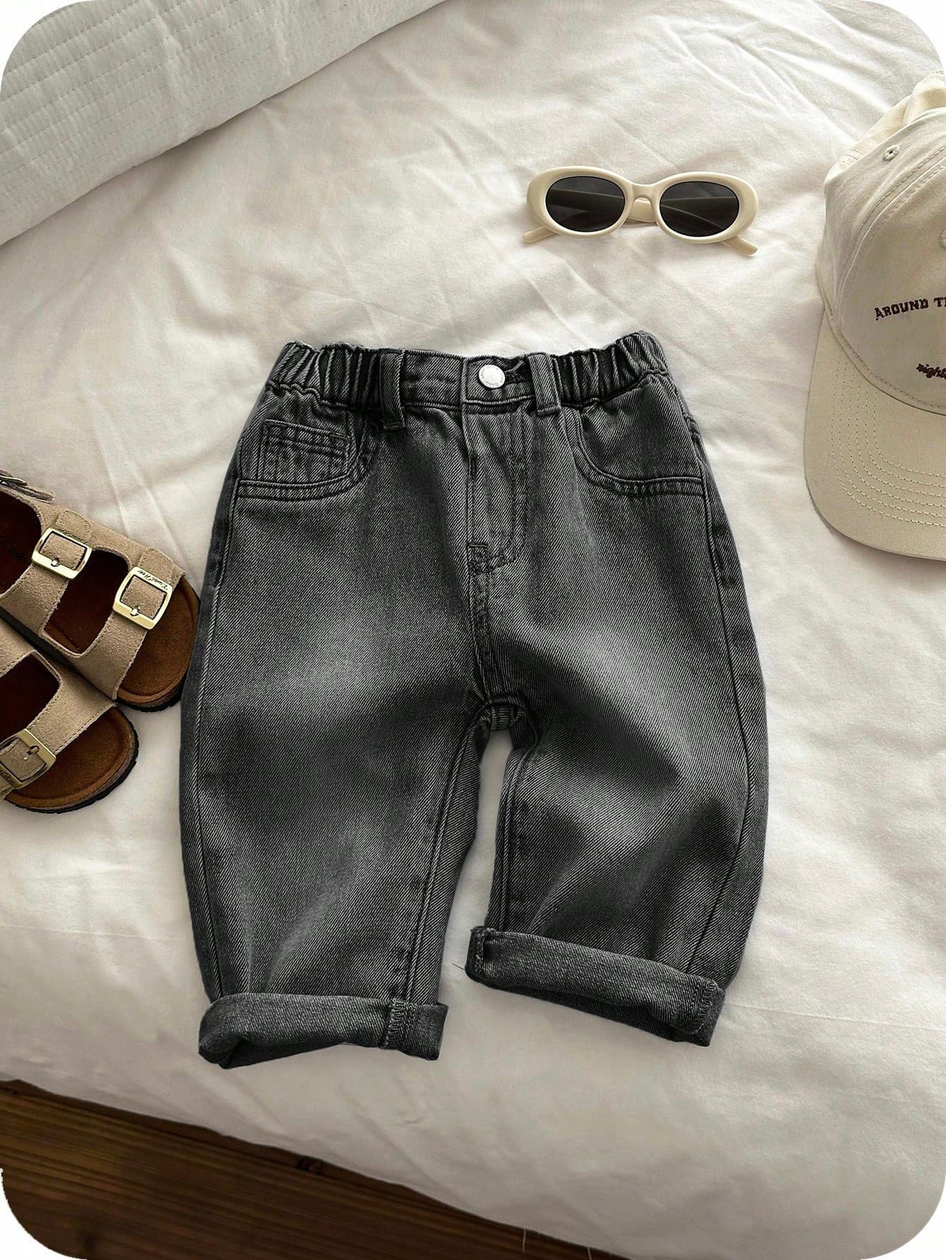 SHEIN Baby Boy Solid Color Elastic Waist Casual Versatile Jeans