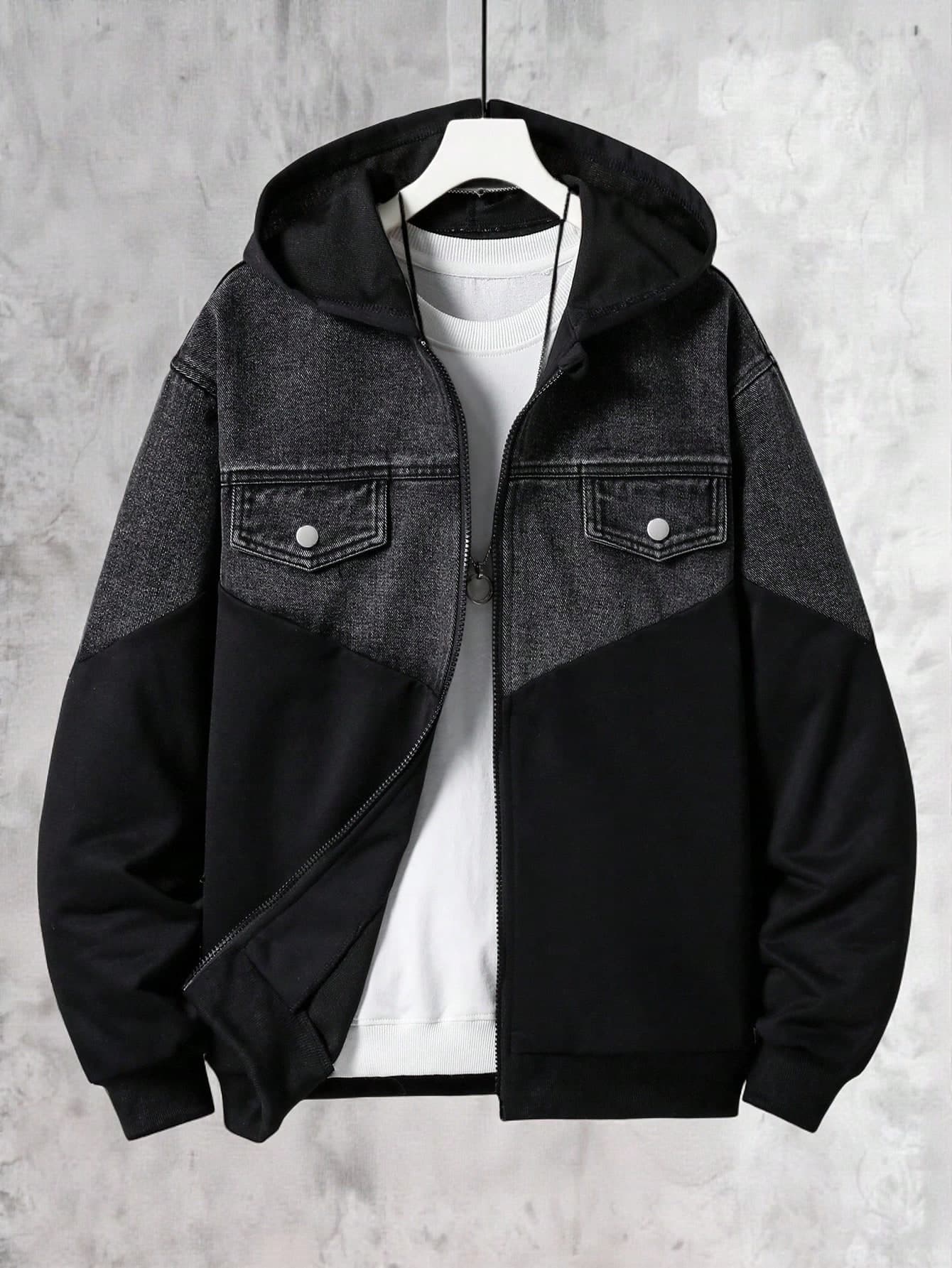 Teenage Boys Denim Pocket V-Shaped Patchwork Hooded Jacket,Loose Fit Casual Long Sleeve Streetwear For Summer,Graduation,Back-To-School,Autumn,Spring