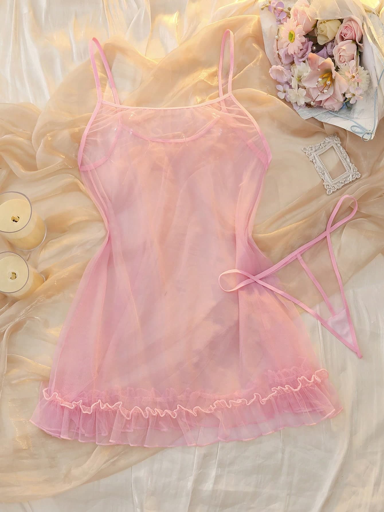 DelicateAllure Plus Size Extremely Sexy & Romantic Valentine's Day Cute Sheer Mesh Nightgown + G-String 2 Pieces Set