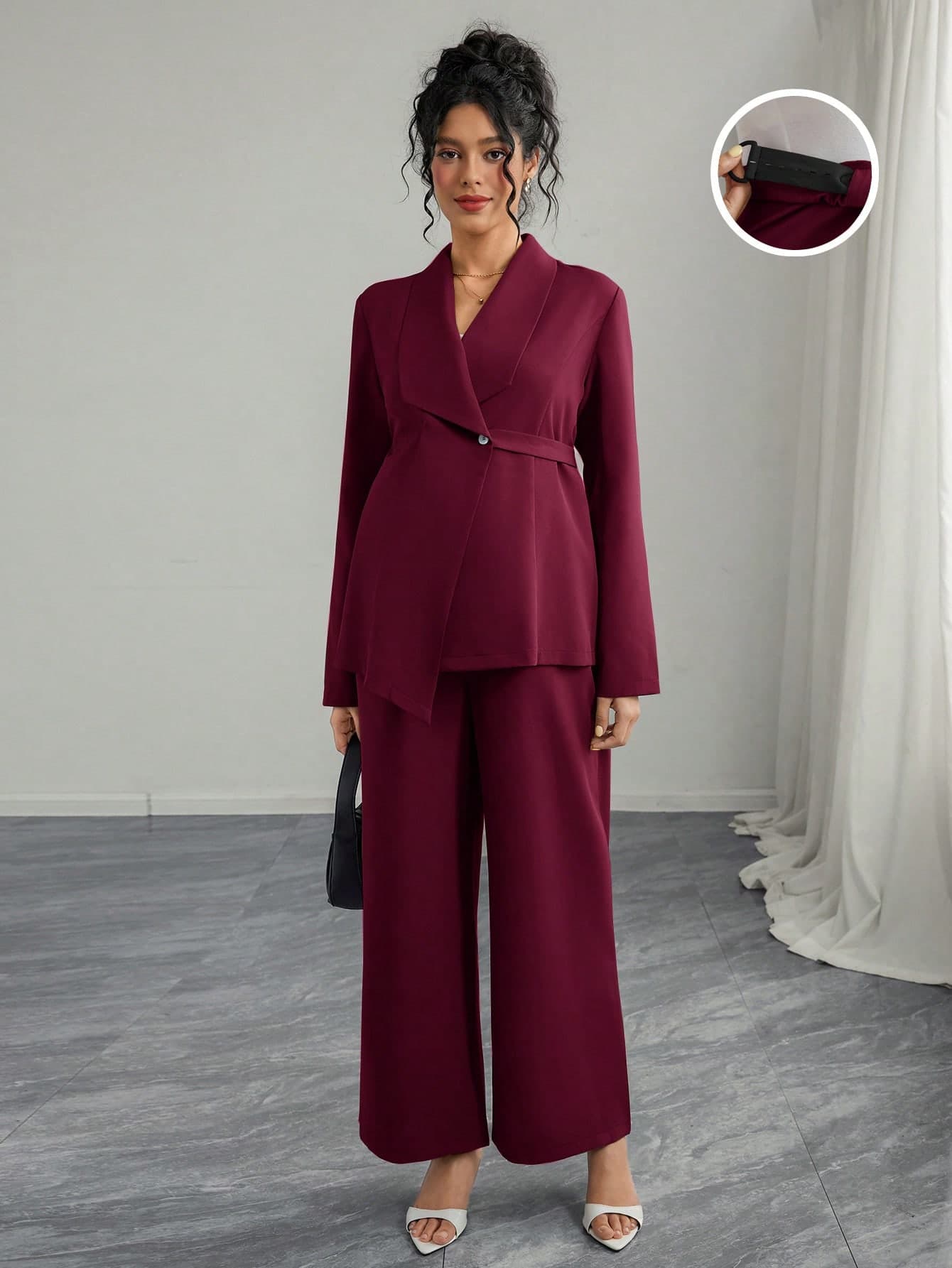 Momance Women's Elegant Lapel V-Neck Long Sleeve Unique Belt Tie Waist High-End Sports Jacket With Straight Leg Wide Pants Maternity 2-Piece Set
