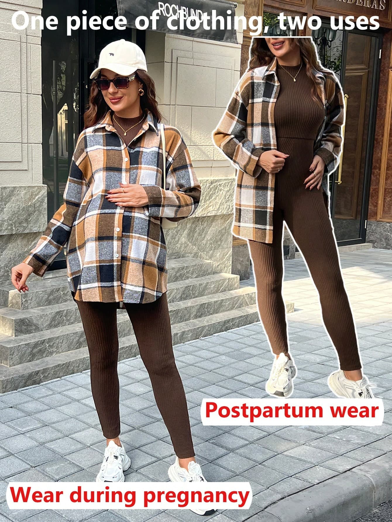 SHEIN Maternity Solid Ribbed Tank Jumpsuit + Plaid Shirt Jacket Two Pieces Set, Spring/Autumn