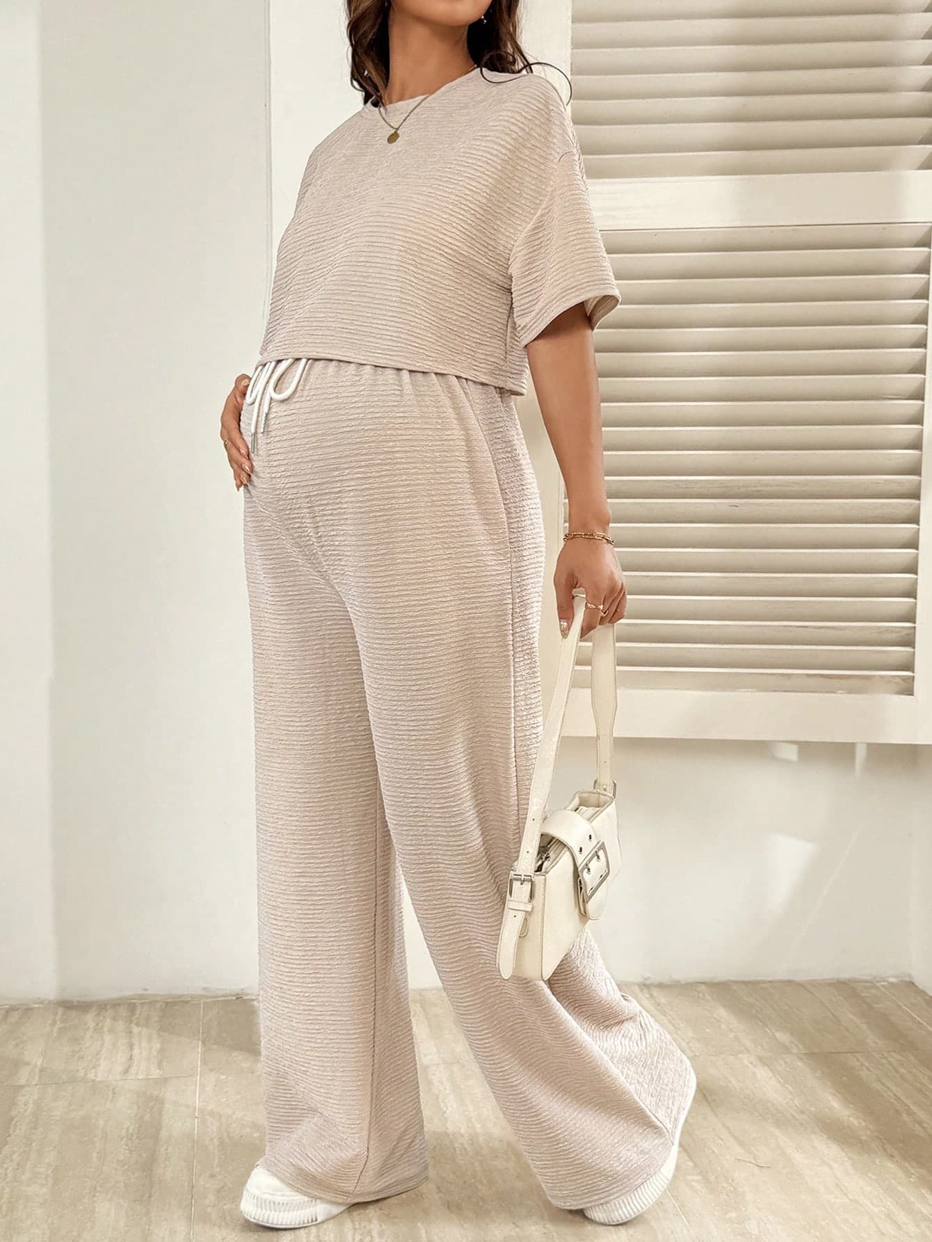 SHEIN 2pcs Maternity Solid Color Round Neck Short Sleeve Top And Tie Front Pants Casual Summer Smart Casual Everyday Comfortable Knit Two Piece Lounge Set