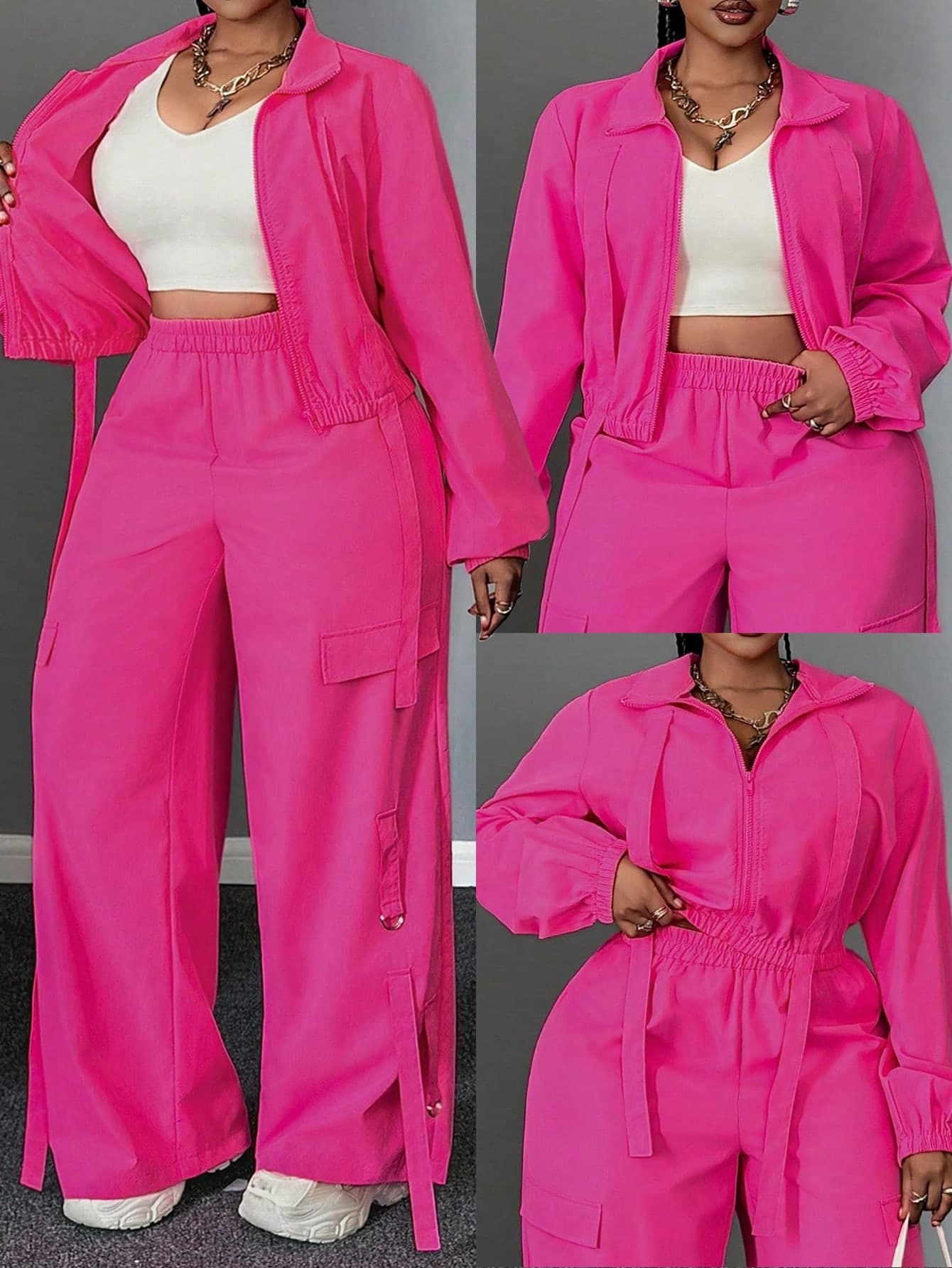 Maweii 2pcs Plus Size Fashionable Sexy Bright Color Long Sleeve Ruched Jumpsuit, Autumn Fabric For Women Pink Casual Suit Fall