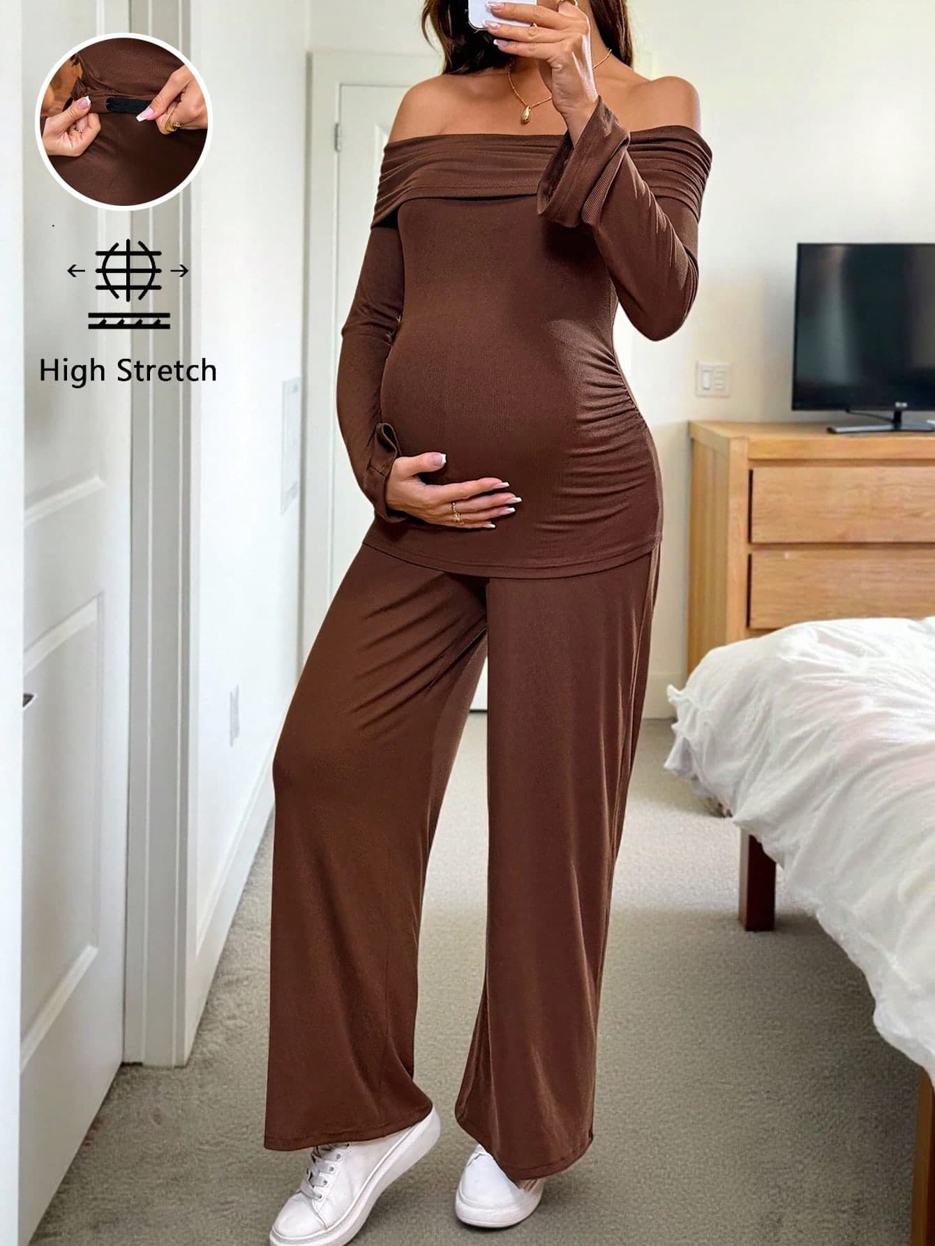 SHEIN 2pcs Maternity Set,Solid Color Casual Off Shoulder Top And Pants Maternity Lounge Set,Brown Pregnancy Clothes For Autumn Photoshoot