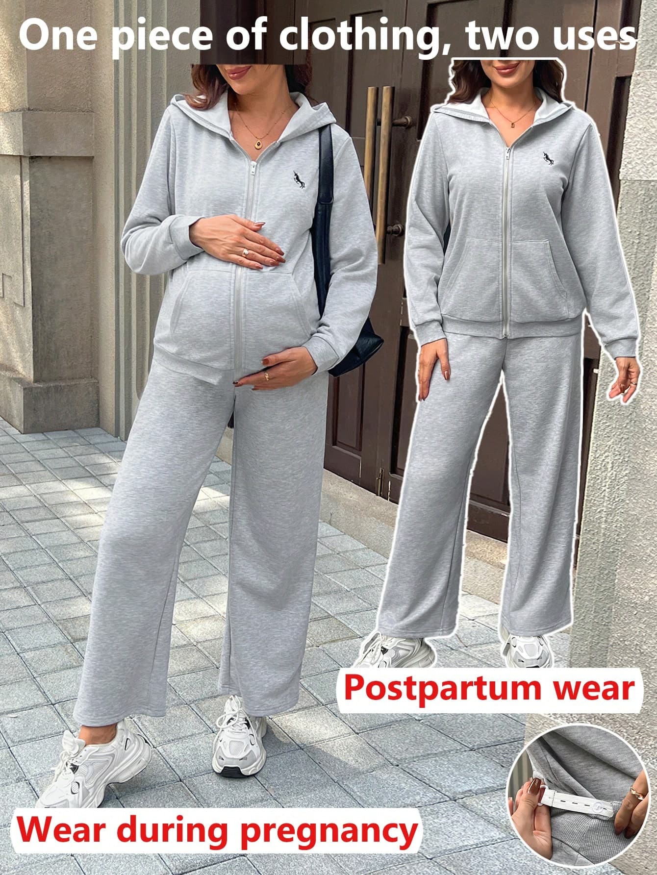 SHEIN 2pcs Maternity Set: Long Sleeve Hooded Jacket With Pocket & Embroidery, Loose Fit Wide Leg Pants
