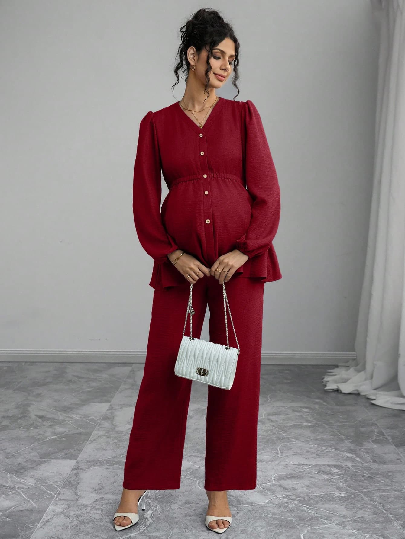 Momance 2pcs Maternity Set: Shirred Long Sleeve Cardigan With Button Front, Waist Pleated Design; Loose Fit Pants Autumn Burgundy Maternity Photoshoot