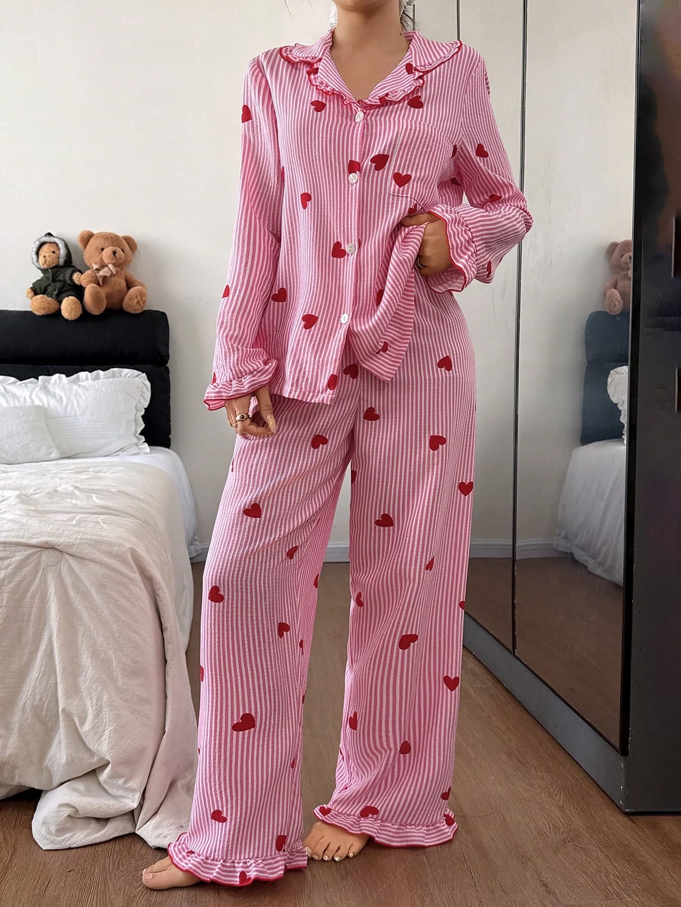 Napfluff Women's Heart Striped Ruffle Collar Single-Breasted Top And Pants Pajama Set, Winter Clothes
