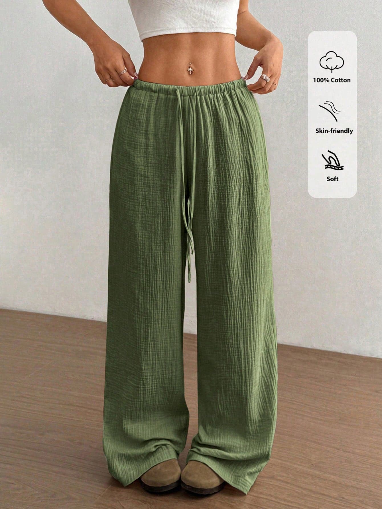 Flirla Women's  Baggy Green Ultra Low-Rise Casual Cotton Straight Leg Pants Green  Comfortable Pure Cotton Matcha