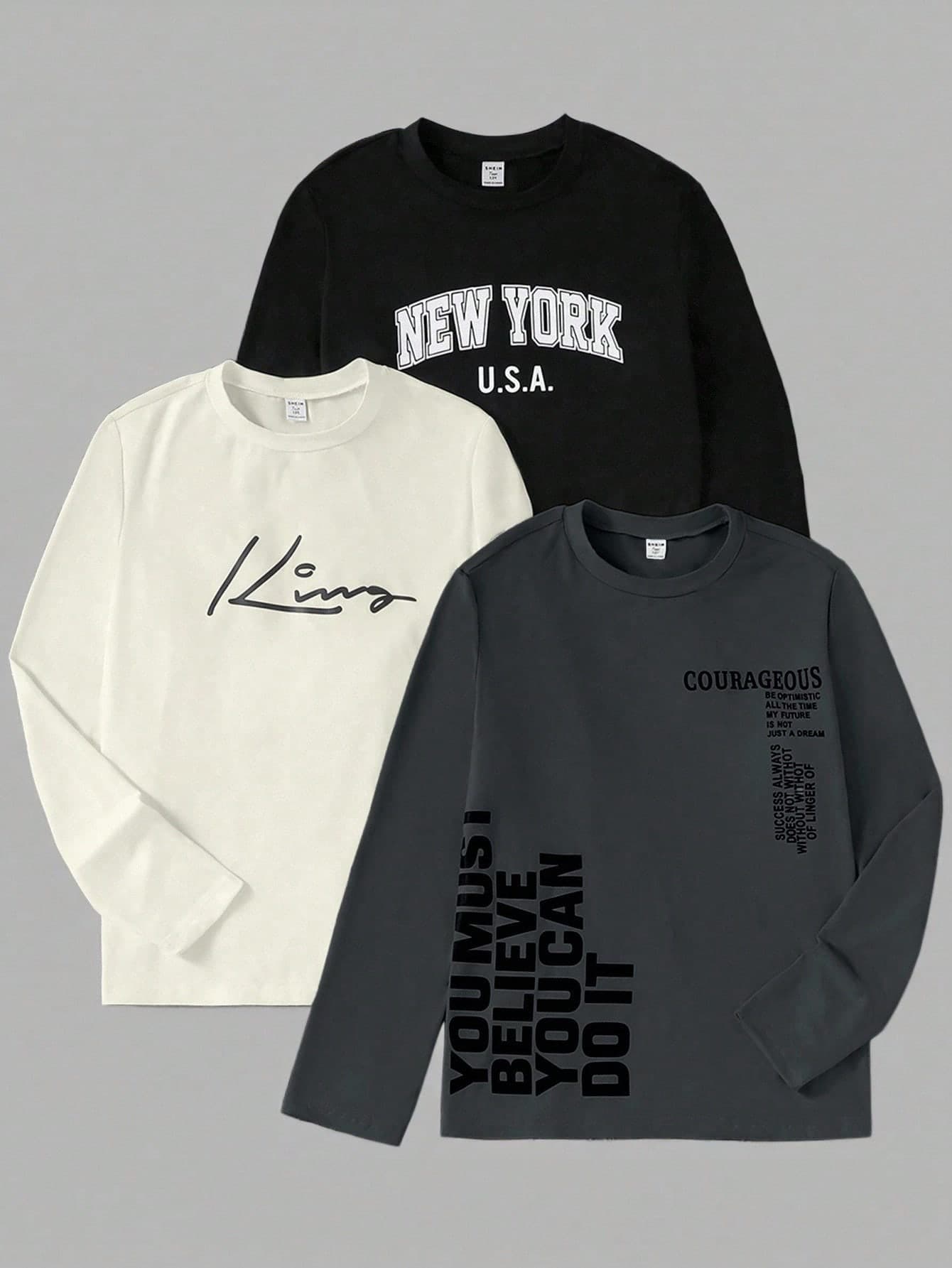 Vacaura 3pcs/Set Teenage Boys Casual Letter Print Crew Neck Long Sleeve T-Shirts, Suitable For Leisure, Street, Commute, Layering In Autumn/Winter