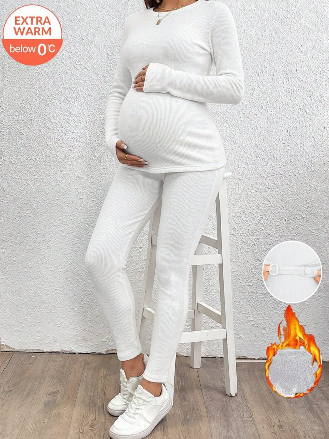 SHEIN Maternity Casual Solid Color Thermal Lined Top&Pants 2 Pieces Set,Winter White Silky Smart Casual Everyday Pregnant Outfits Leggings Thermals Clothes