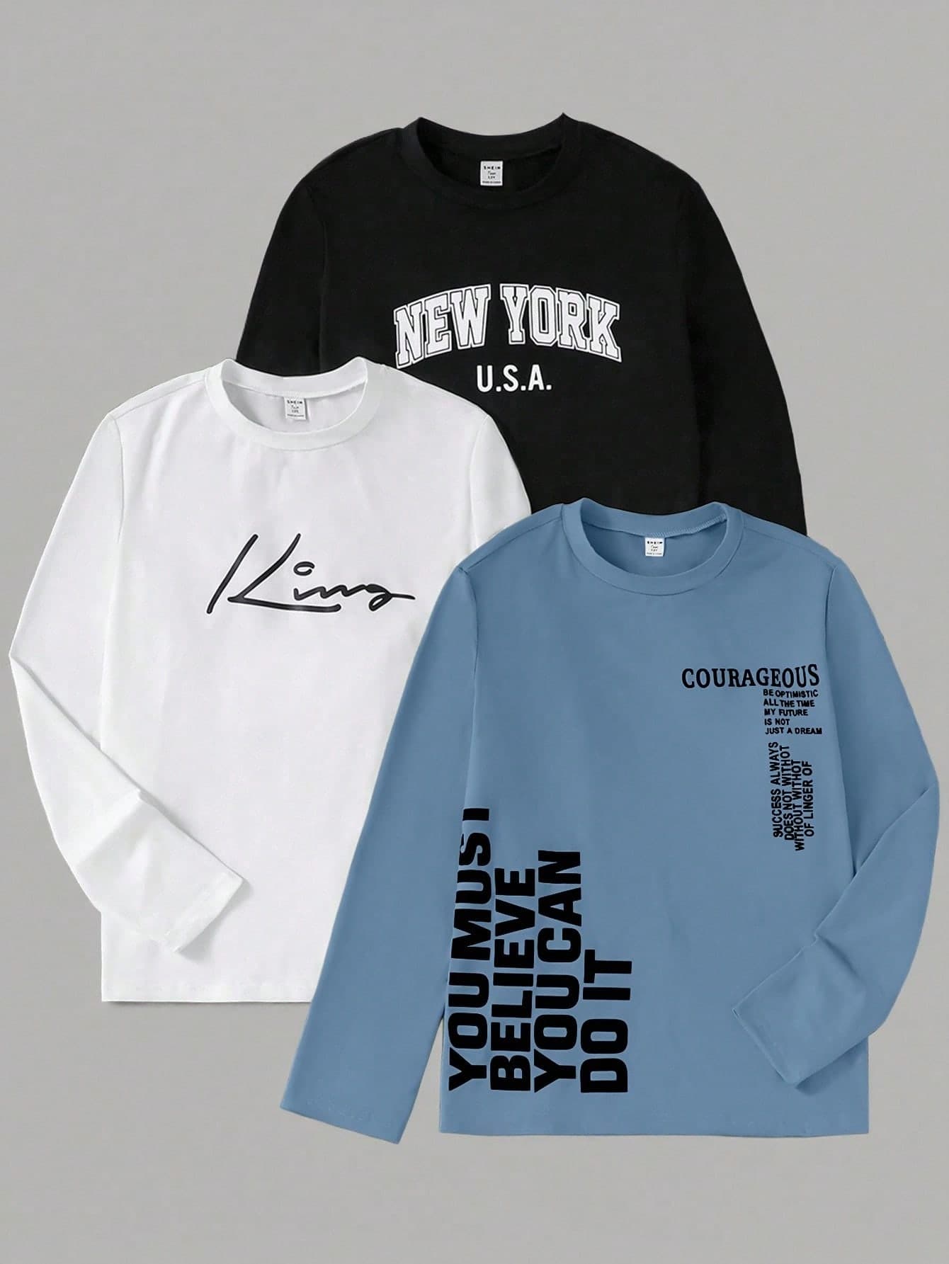 Vacaura 3pcs/Set Teenage Boys Casual Letter Print Crew Neck Long Sleeve T-Shirts, Suitable For Leisure, Street, Commute, Layering In Autumn/Winter