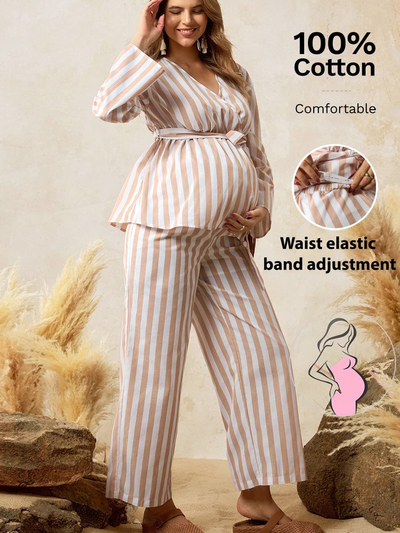 SHEIN Maternity Khaki Striped Two-Piece Set,White Autumn Casual Shirt And Pants,100% Cotton Linen-Feel Prenatal Postpartum Clothing,Women's Matching Sets