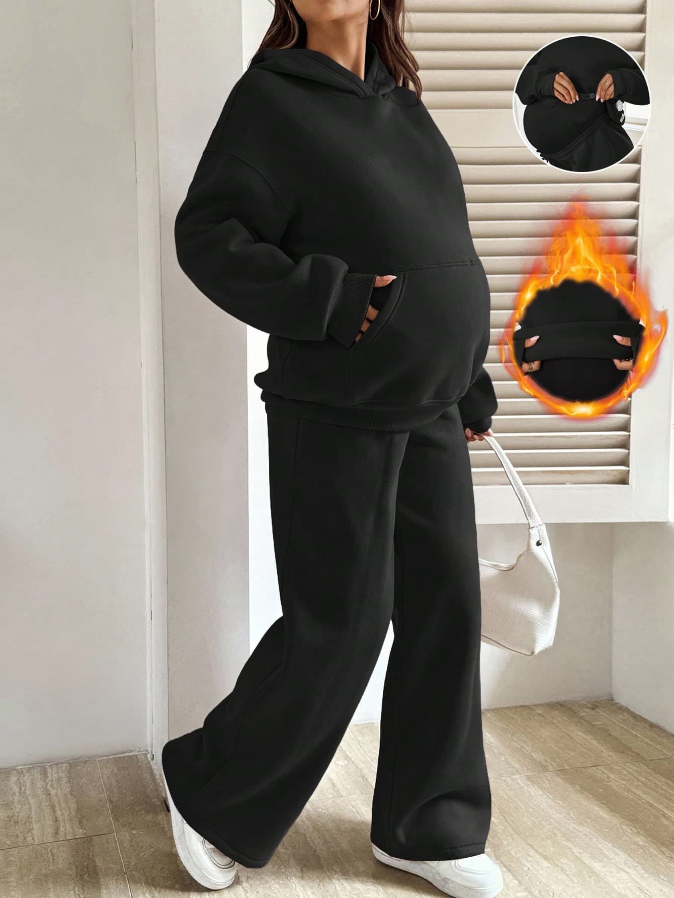SHEIN 2pcs Maternity Black Solid Color Drop Shoulder Hoodie And Pants Casual Suit,Women's Autumn Everyday Smart Casual Long Sleeve Kangaroo Pocket Set