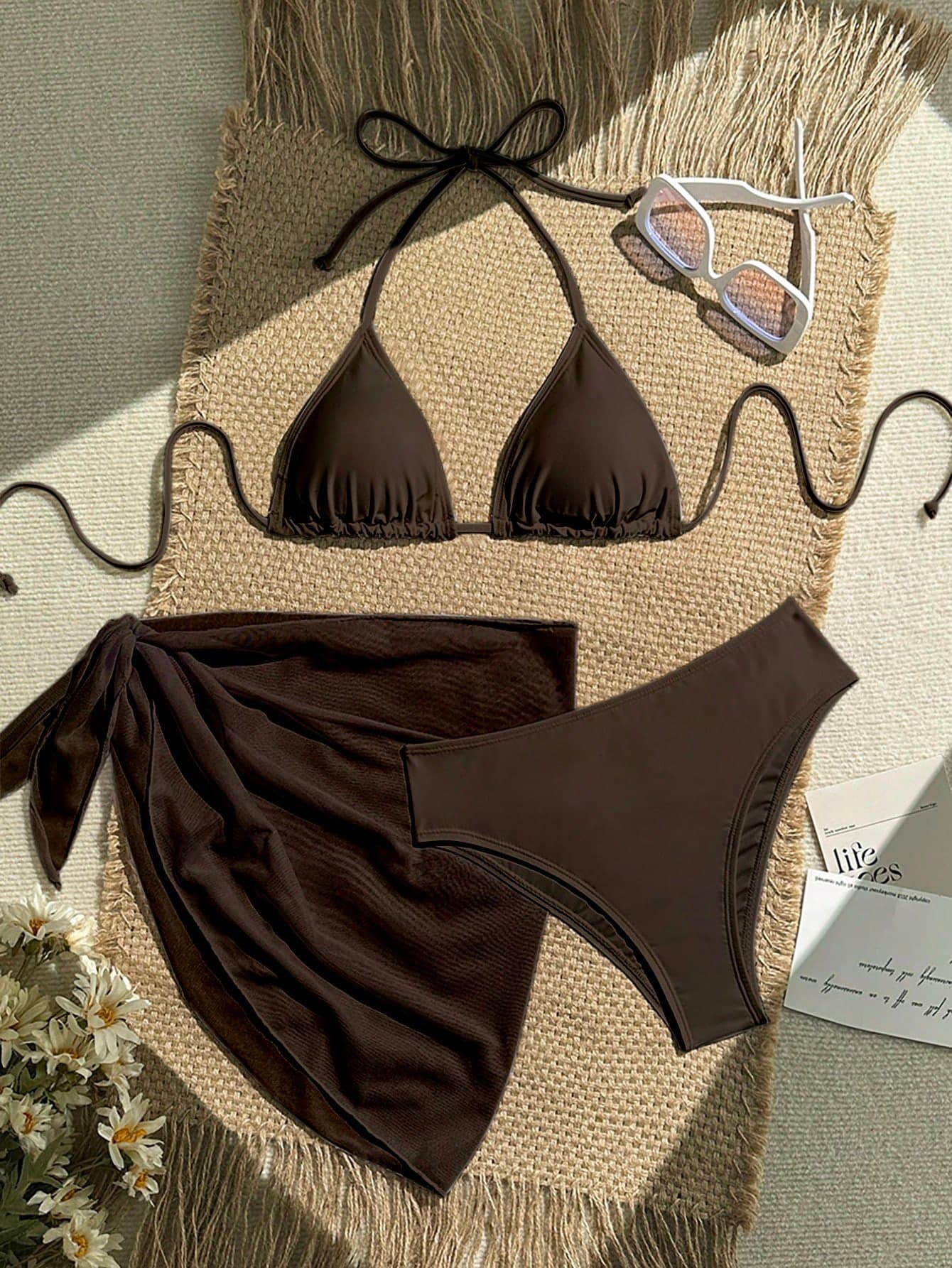 Swim Vcay 3pcs/Set Women Chocolate Brown High Waist Bikini Set,Solid Color Bikini Swimwear,Summer Casual Beach Holiday Holiday Two Pieces Bathing Suit Women
