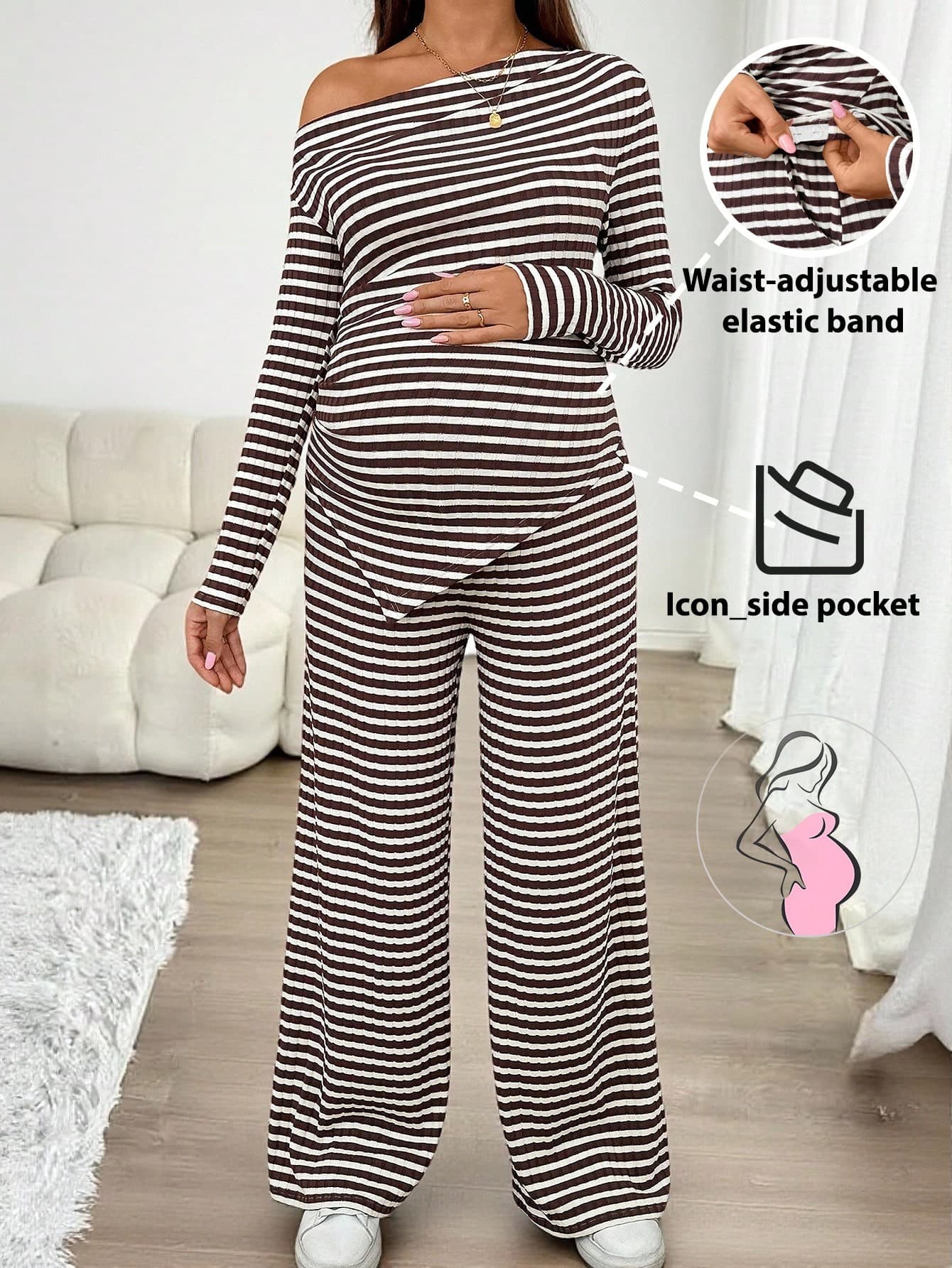 SHEIN Women's Brown Maternity Two-Piece Set,Striped Asymmetrical T-Shirt&Adjustable Waist Wide-Leg Pants,White,Autumn,Sequin,Smart Casual,Everyday Clothing