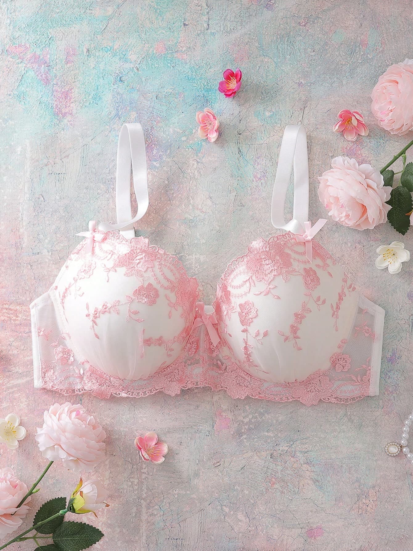 Elorette Plus Size Floral Embroidered Padded Underwire Bra With Ruffles, High Support, Romantic Pastoral Style, Sweet Uplift