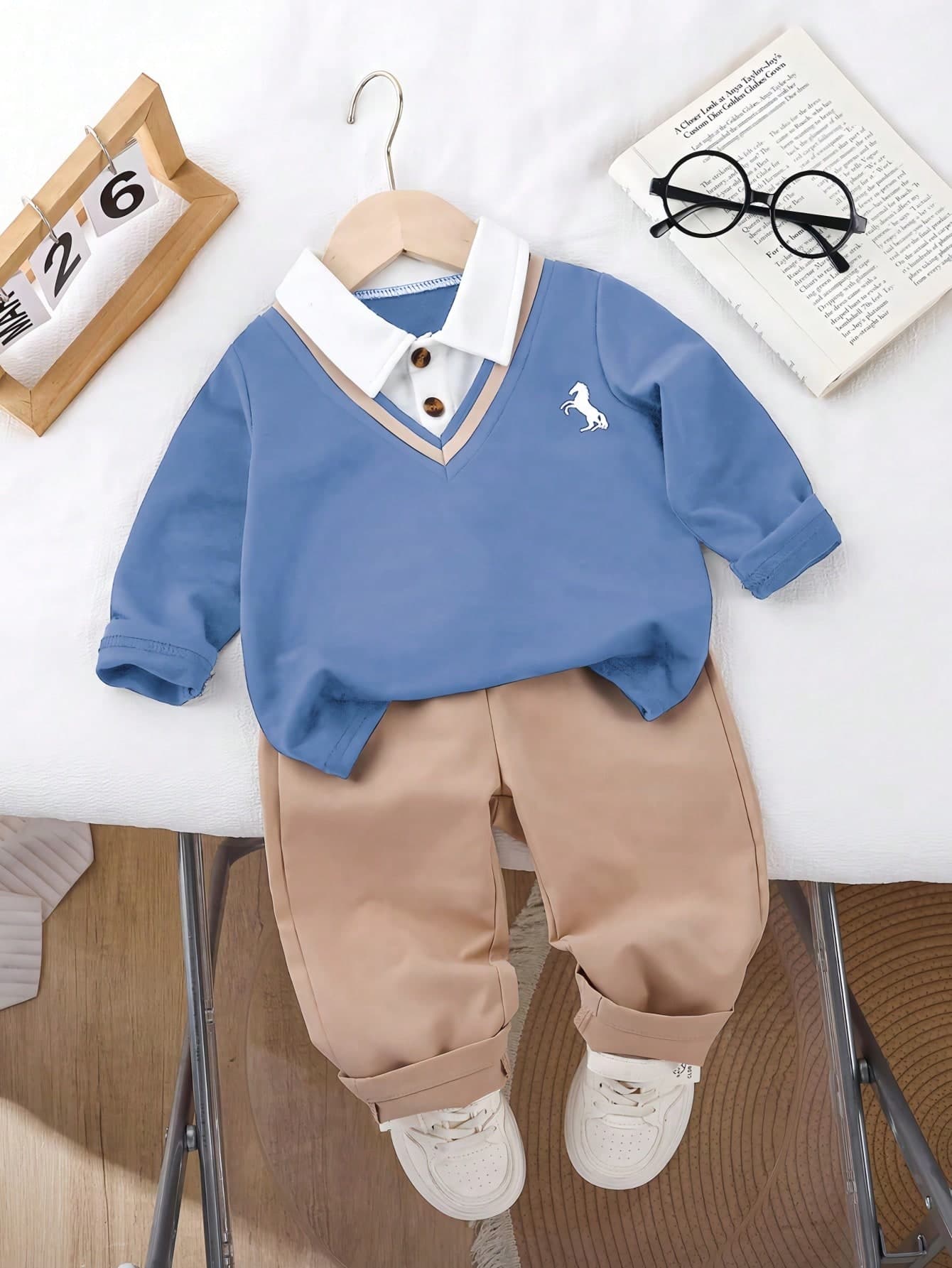 Souflis Souflis 1pc Baby Boy Set Blue Autumn Casual Page Boy Back-To-School Toddler Knitted Long Sleeve Polo 2 In 1 Sweatshirt&Khaki Elastic Waist Loose Pants Outfit